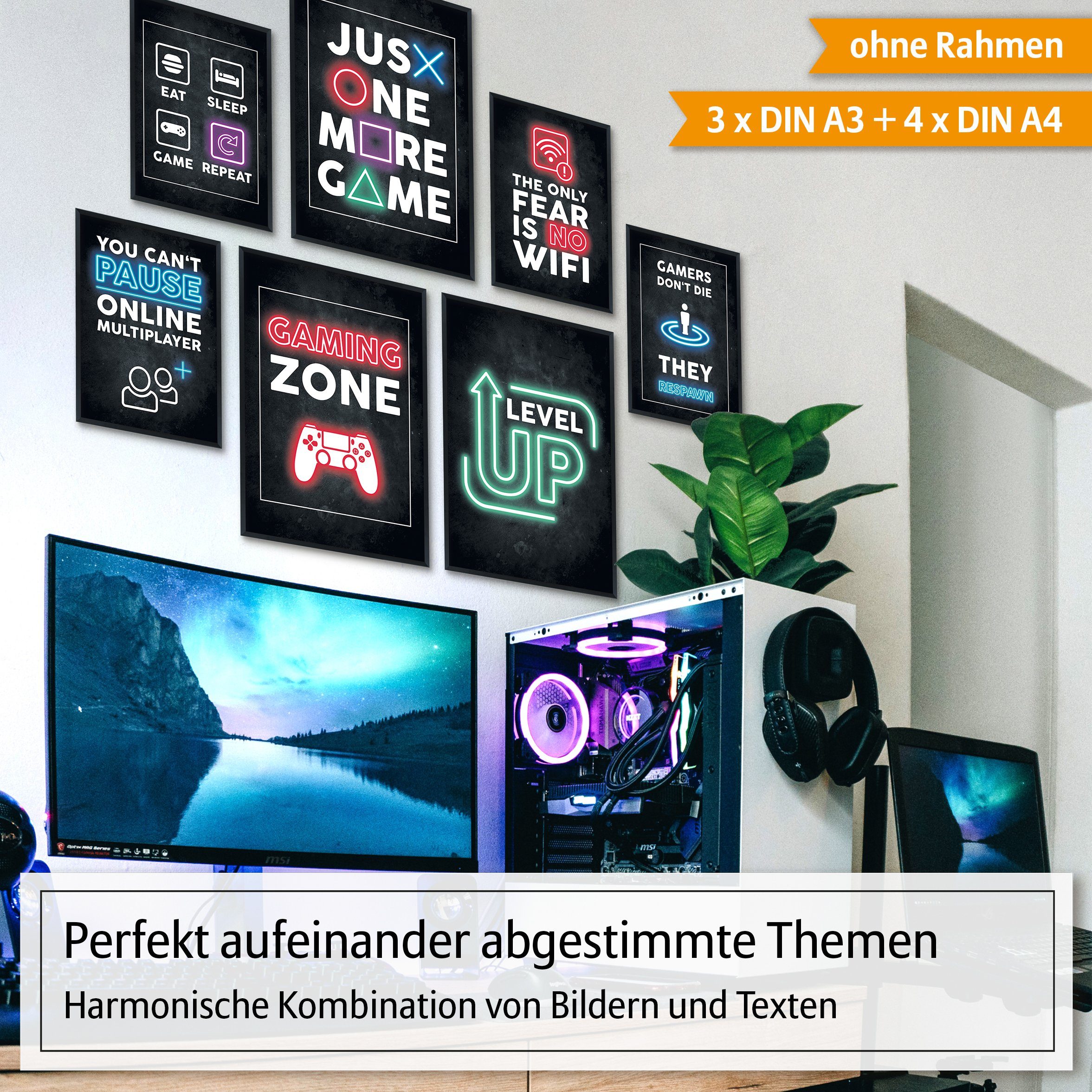 Hyggelig Home Poster Gaming Zone - Premium Poster Set OHNE & MIT Rahmen - 7 Wandbilder, Gaming (Set, 7 St), Collage Level up, Qualitätsdruck dickes Papier
