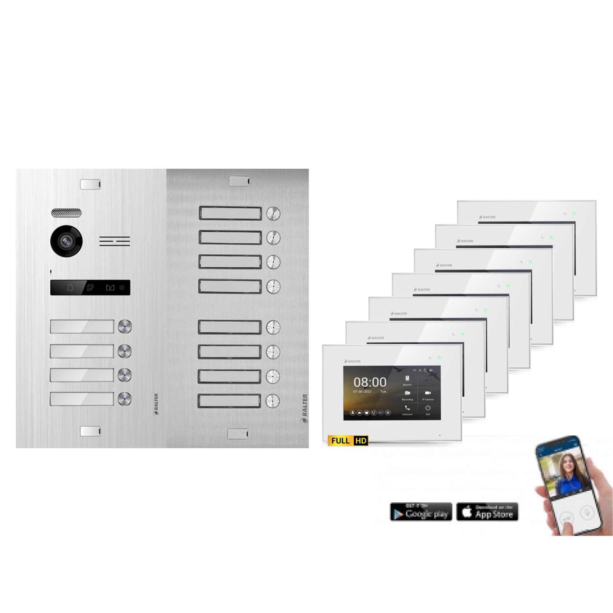 Balter Video-Türsprechanlage BALTER HD WLAN Türsprechanlage EVO 12-Familienhaus Silber Weiß (Set, 12-Familienhaus, Komplettset, Full HD 175° Kamera, App-Steuerung)