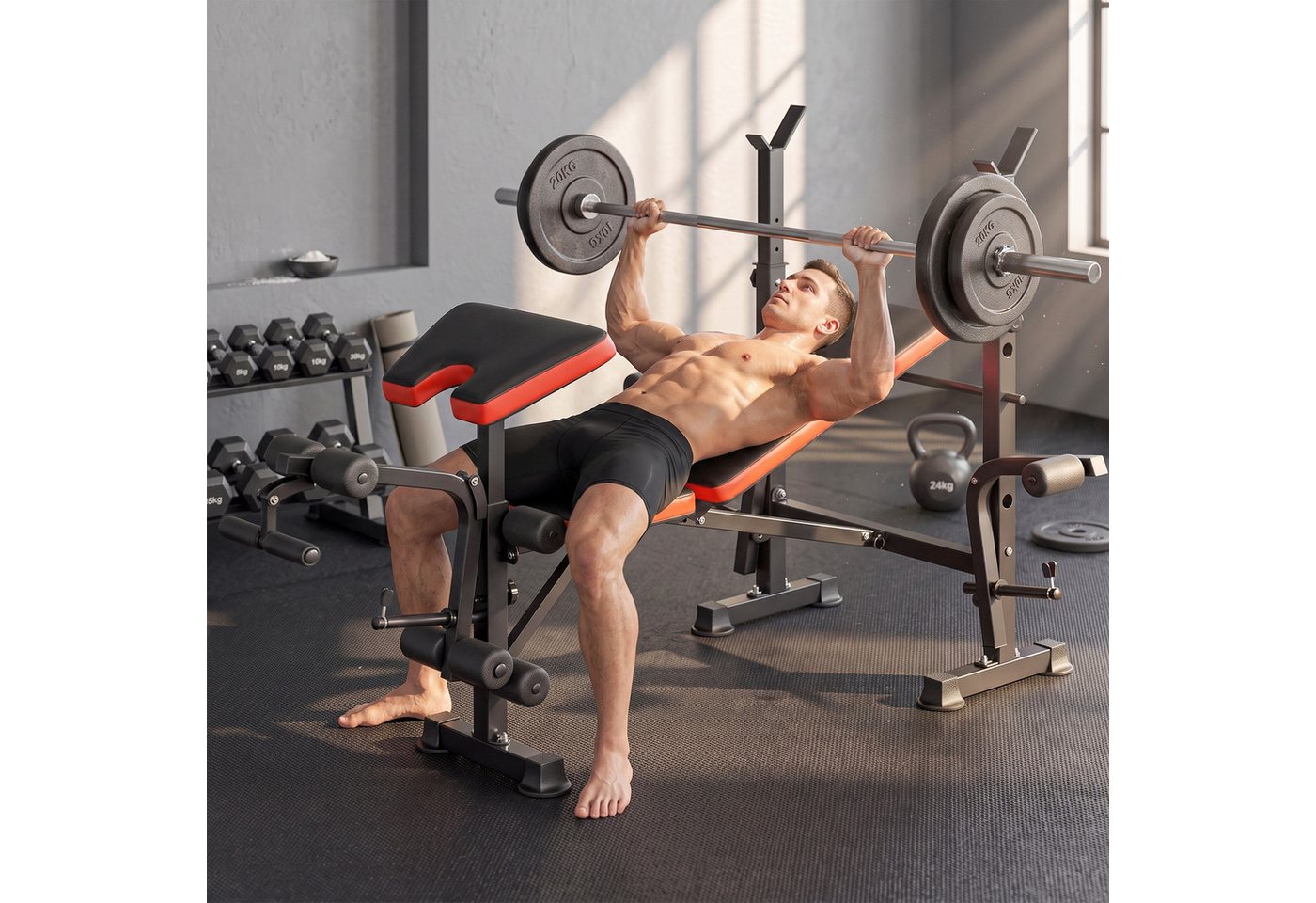 HOMCOM Hantelbank Langhantelständer Butterfly Beincurler Flachbank, (verstellbare Multifunktion Trainingsbank, 1-tlg., Schrägbank mit Ablage), bis 200 kg Fitnessbank für Zuhause
