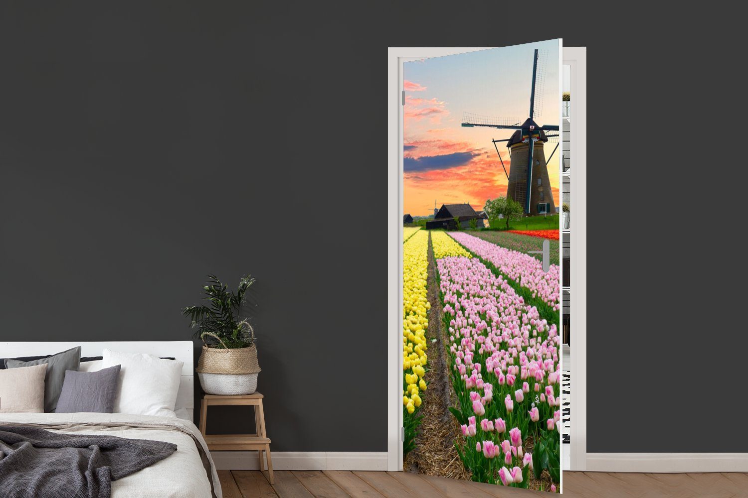 Fototapete Niederlande, cm - Matt, - - Blumen Tür, 75x205 für (1 Türaufkleber, bedruckt, MuchoWow St), Türtapete Tulpen Windmühle