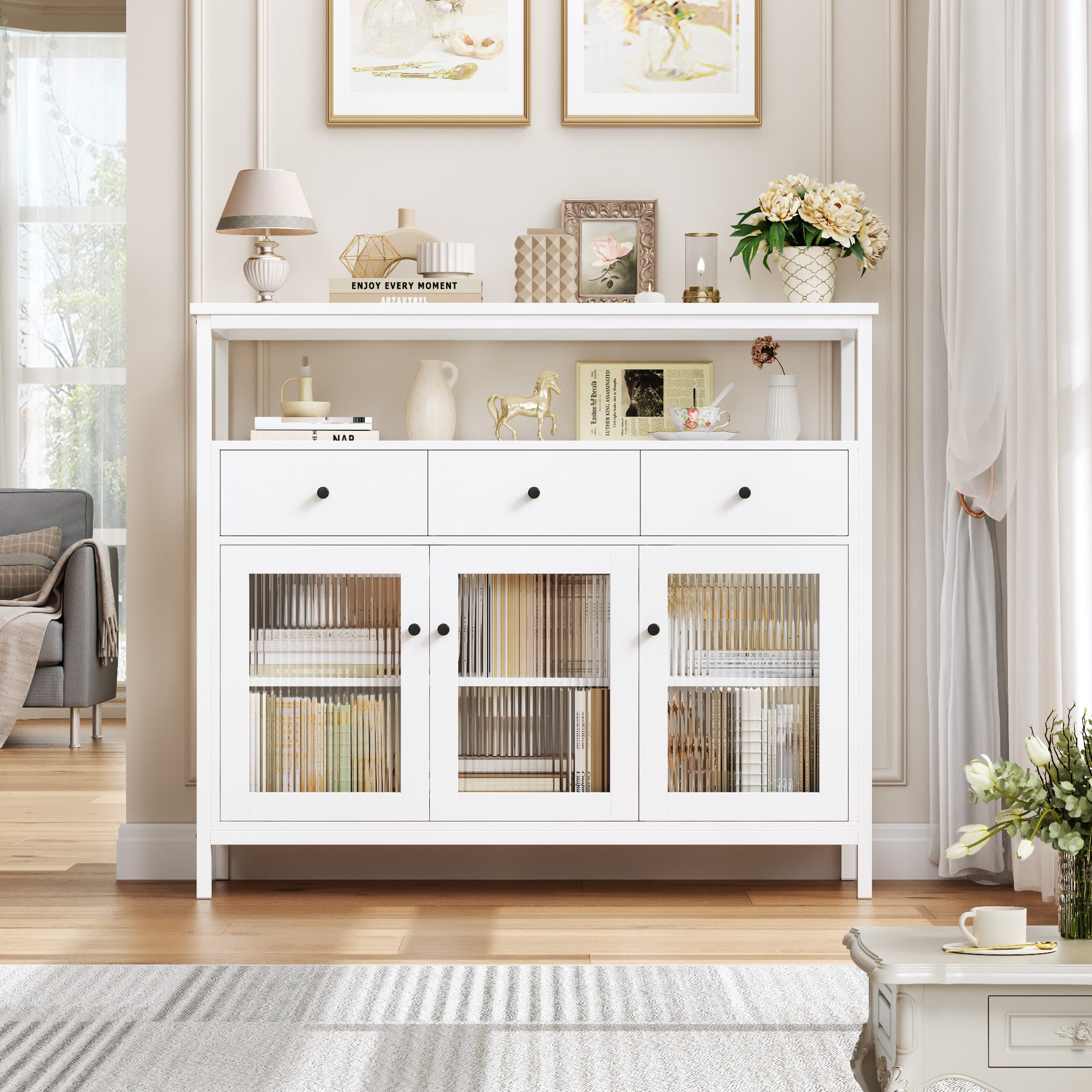 Homfa Sideboard Küchenschrank mit Glastüren und Schubladen, für Küche Wohnzimmer Esszimmer, verstellbare Ablage, Weiß