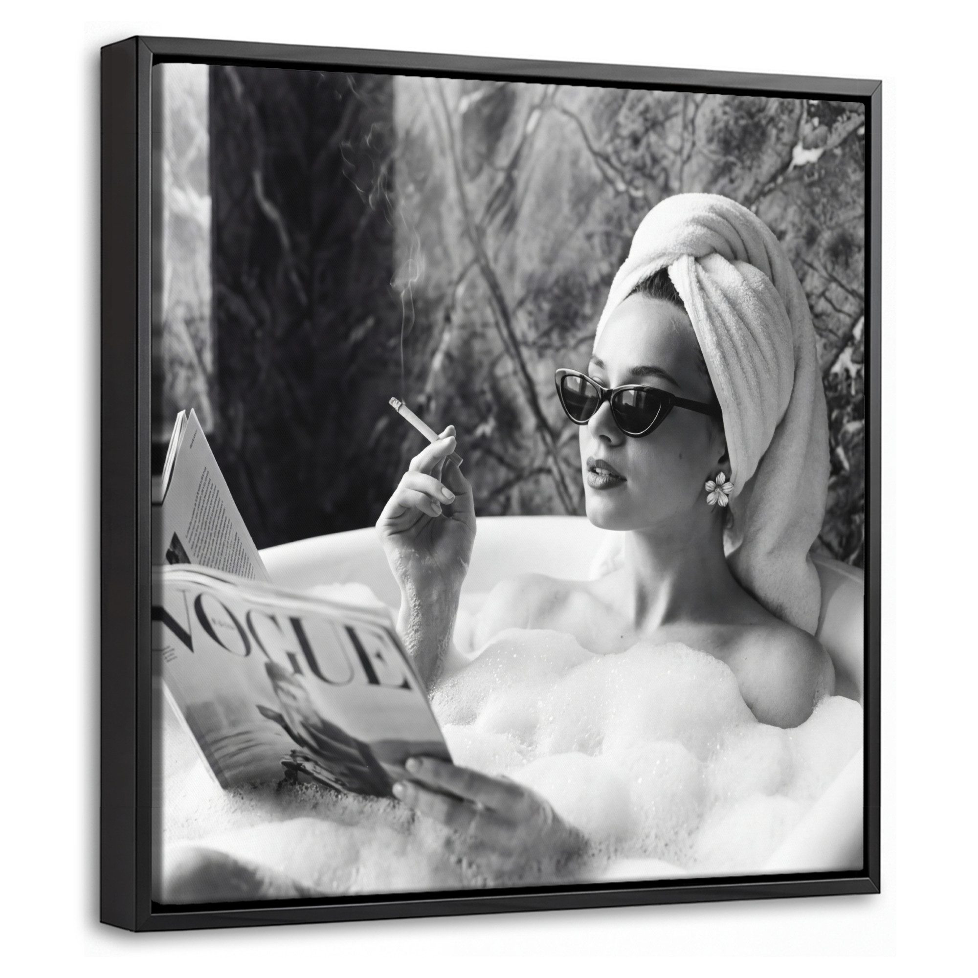 OneMillionCanvasses® Leinwandbild mit Rahmen - Relaxt - Bad - Schwarz - Weiß, Fotodruck (1 St), Leinwand Bilder Klein, Wand Dekoration Aesthetic 20x20cm