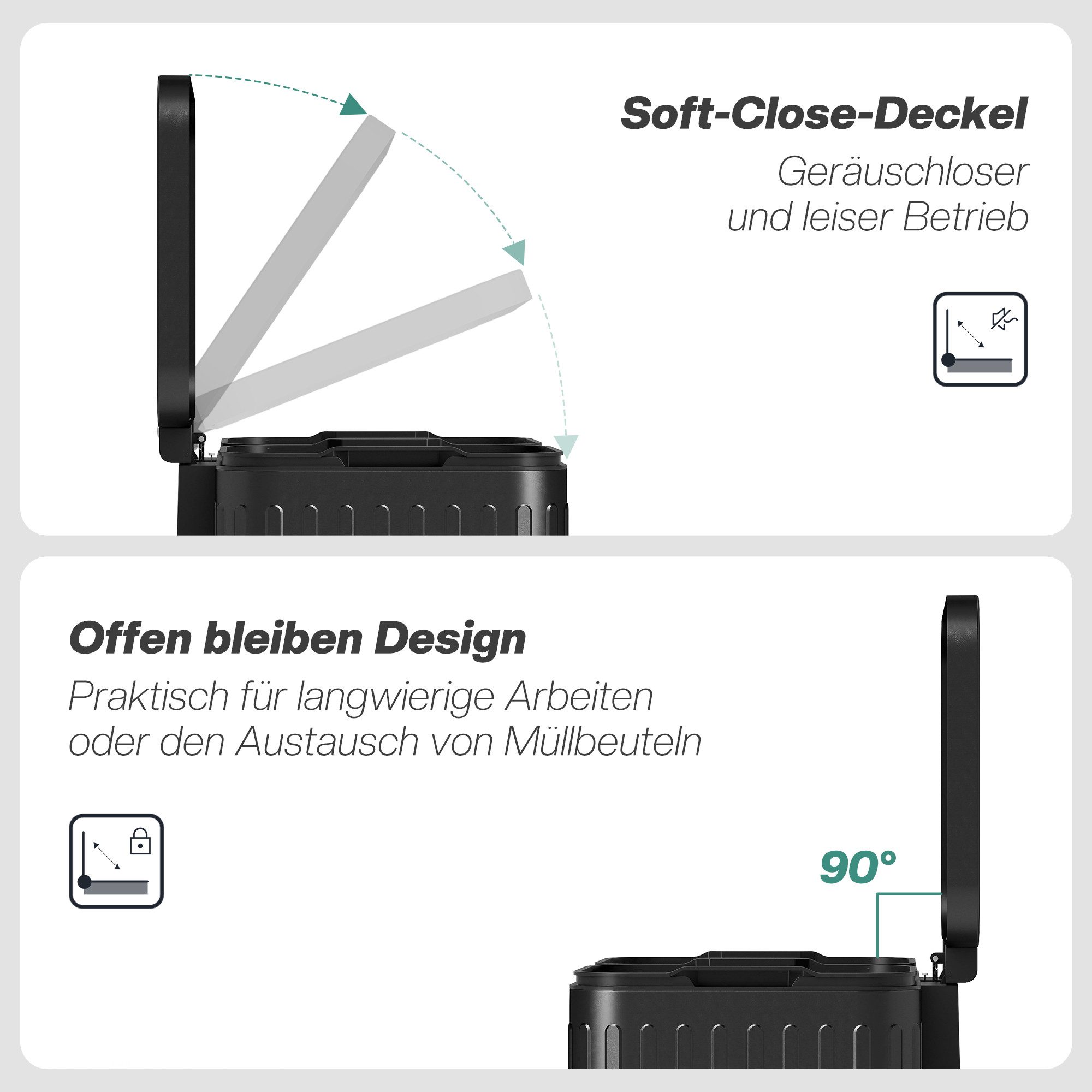 HOMCOM Mülltrennsystem Treteimer 2 x 20 L Soft-Close-Deckel Offenhaltefunktion, Schwarz, 45,5 x 36,5 x 51 cm – Bild 5 von 5