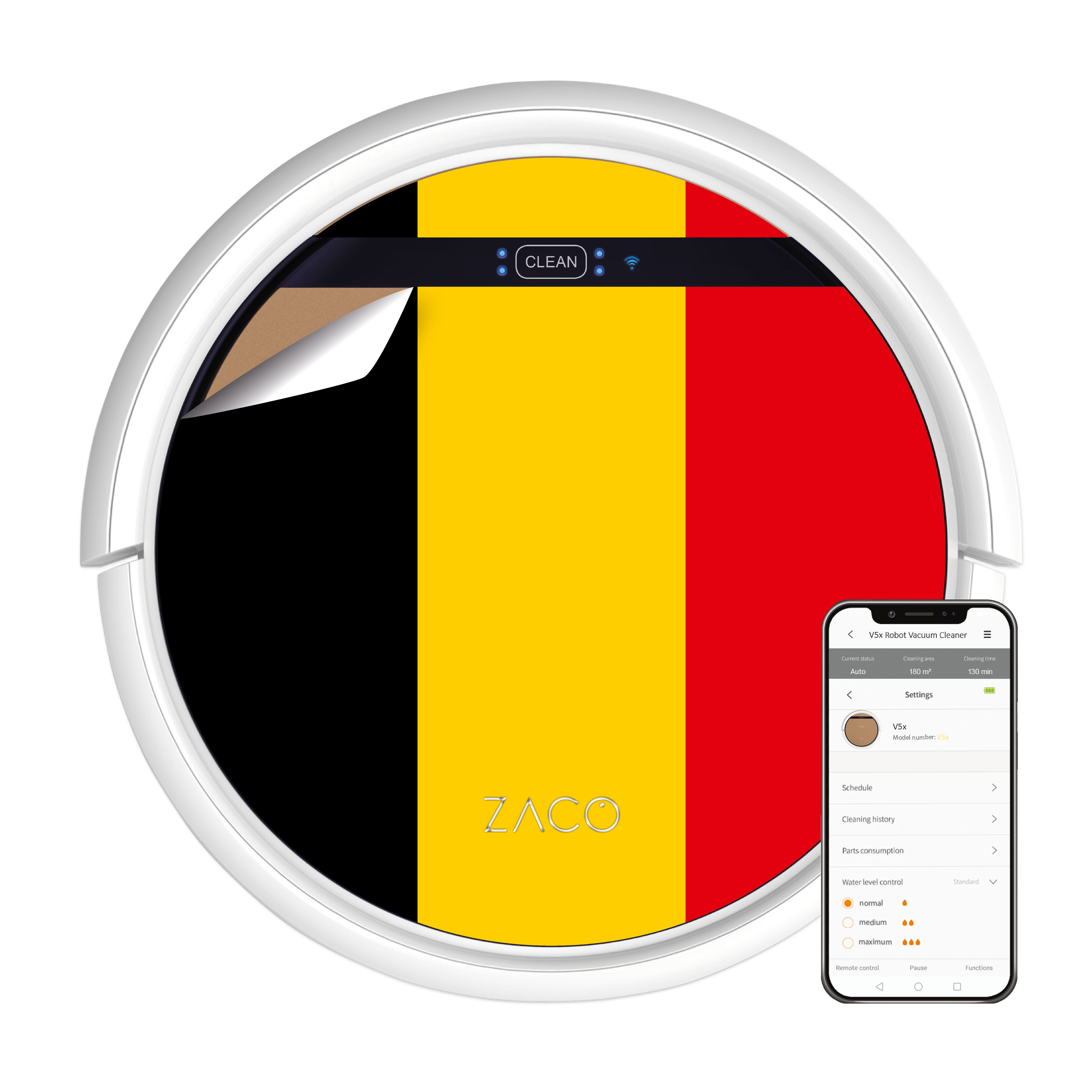 ZACO Nass-Trocken-Saugroboter V5x, 22 W, beutellos, Saugroboter mit Wischfunktion Tierhaare Sprachsteuerung, App, Alexa Belgische Flagge