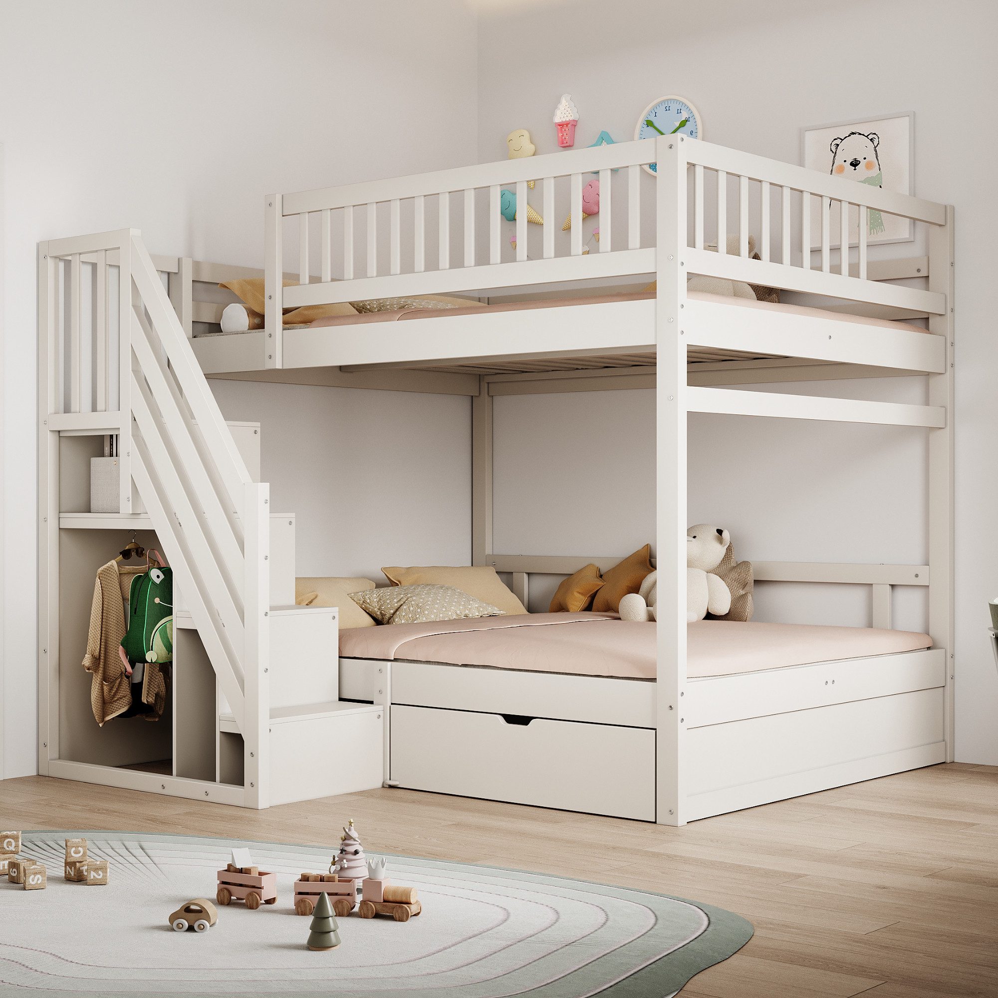 Flieks Etagenbett, Massivholz Kinderbett 140x200cm mit Stauraumtreppe und Schublade