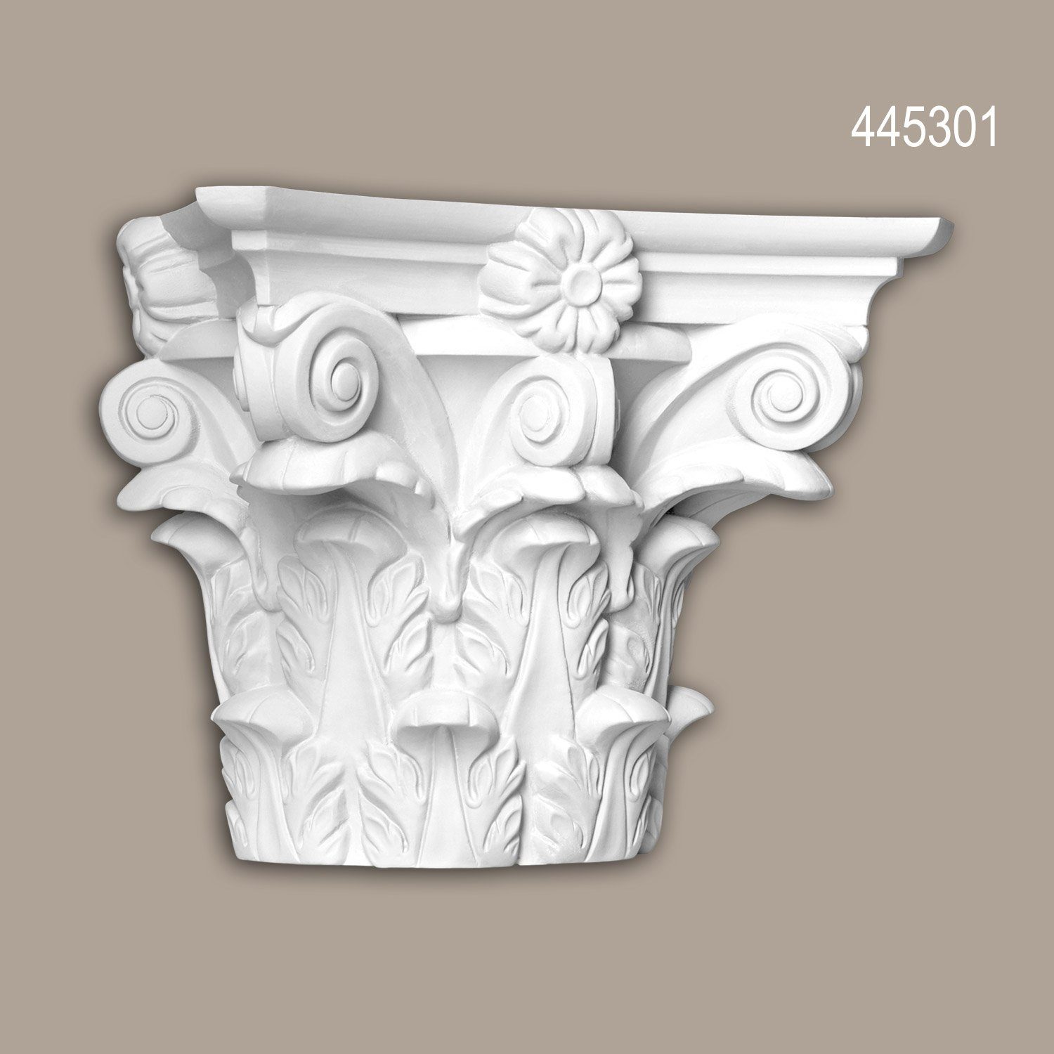 Profhome Wanddekoobjekt 445301 Halbsäulen Kapitell Fassadenstuck Säule Fassadenelement (Halbsäulen Kapitell, 1 St., Fassadenstuck, Säule, Zierelement, Außenstuck), weiß, vorgrundiert, für Fassadendekoration, Stil: Korinthisch