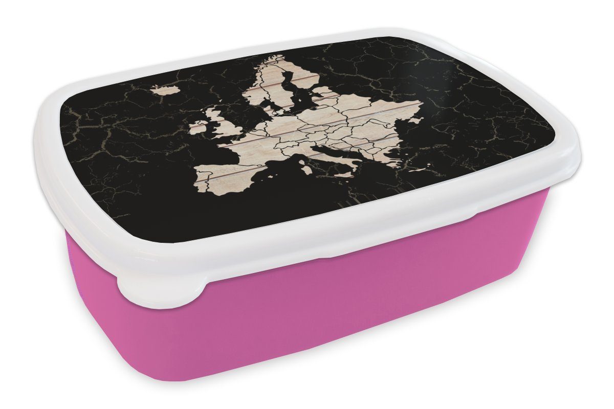MuchoWow Lunchbox Karte von Europa - Schwarz - Holz, Kunststoff, (2-tlg), Brotbox für Erwachsene, Brotdose Kinder, Snackbox, Mädchen, Kunststoff rosa