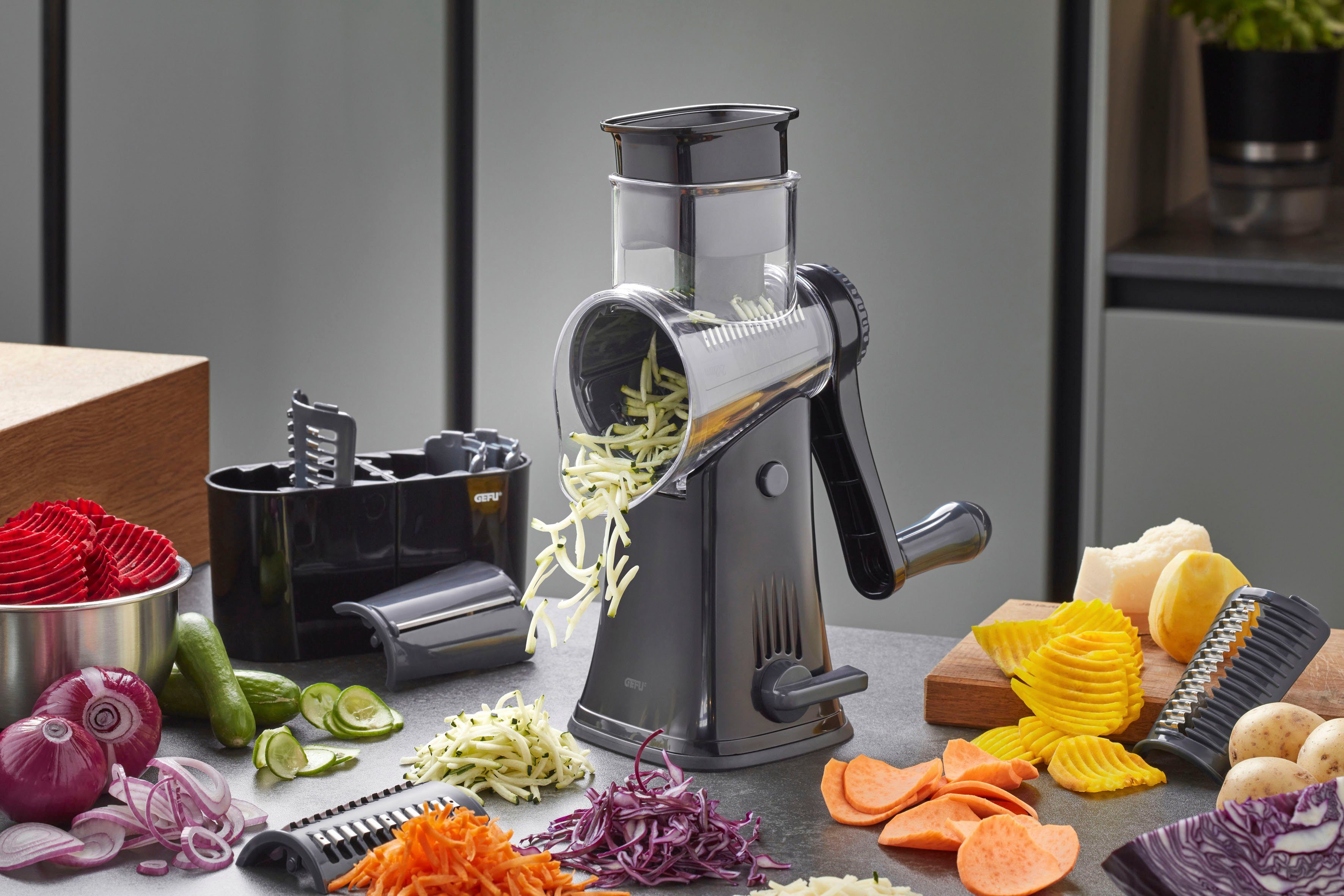 GEFU Trommelreibe Click, Edelstahl, Kunststoff, Stahl, (Trommelreibe, 5 unterschiedliche Klingeneinsätze, Aufbewahrungsbox), innovative Wechseltrommel