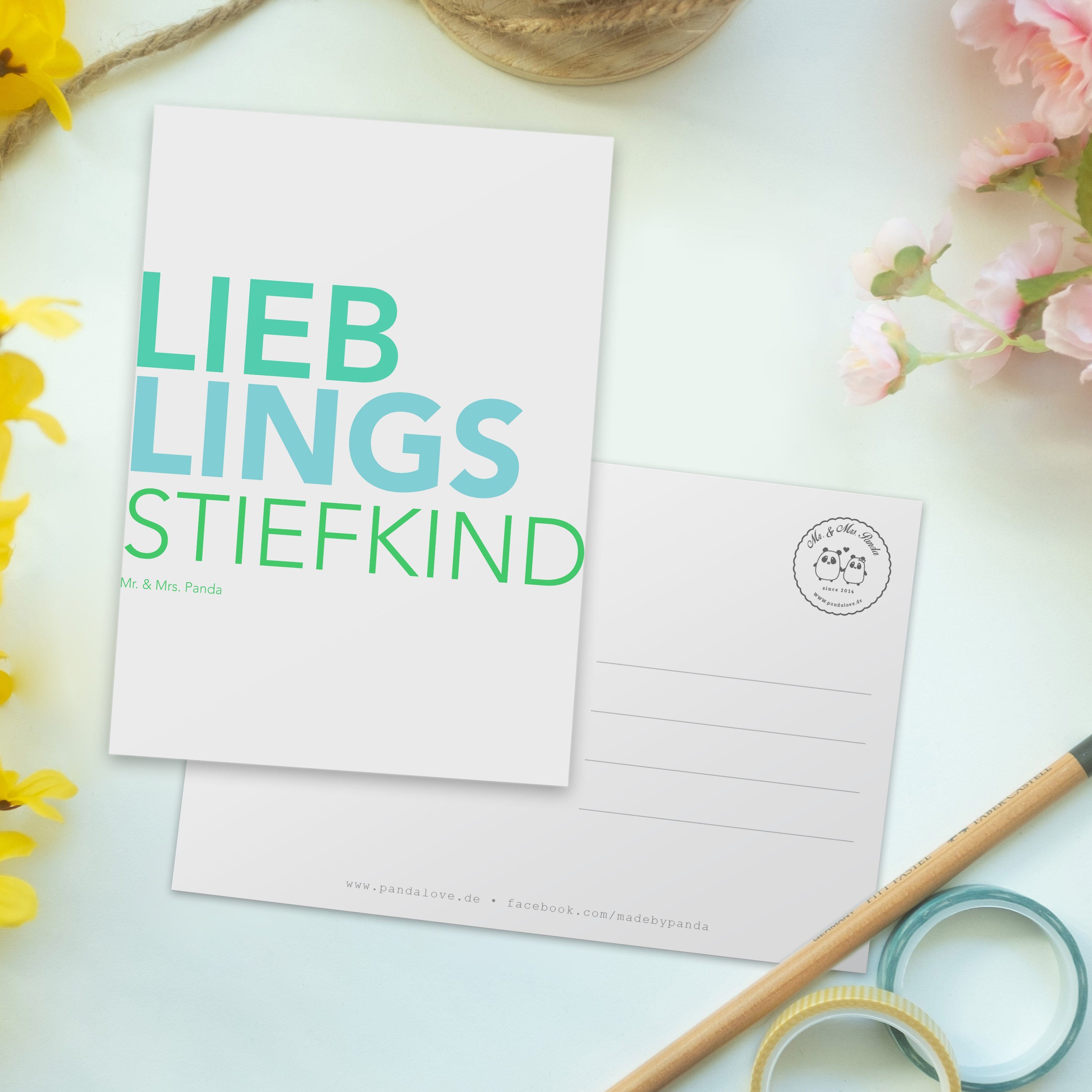 Mr. & Stiefkind - Postkarte Geschenk, Mrs. Dankeskarte, Panda Kiddy, Spruch, Ge Liebling, - Weiß