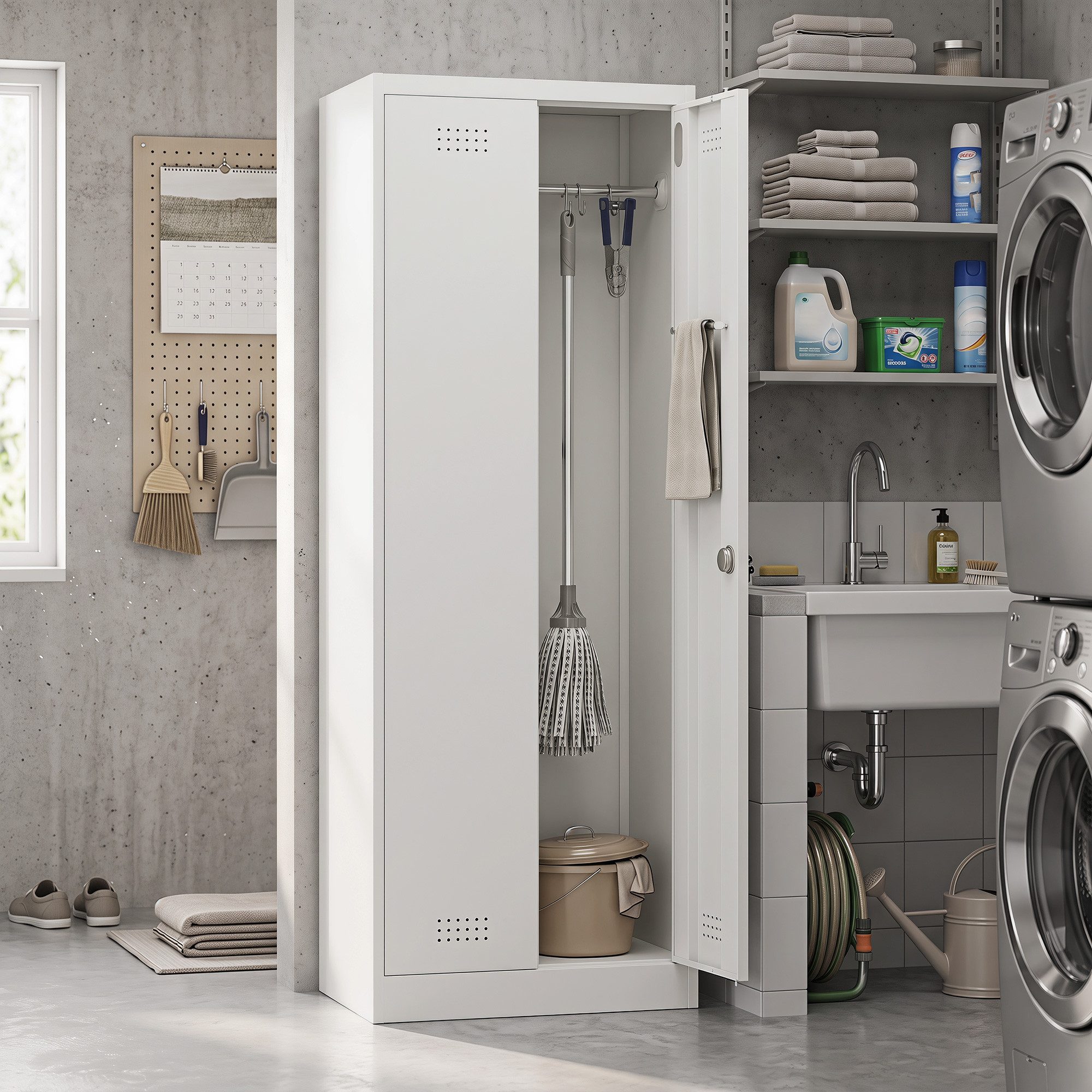 OKWISH Mehrzweckschrank Stahlschrank für Garage mit Türen und Einlegeböden (Packung, 1-St., Cremeweißer Aufbewahrungsschrank für Keller und Werkraum) Metallschrank mit verstellbaren Ablagen und Kleiderstange