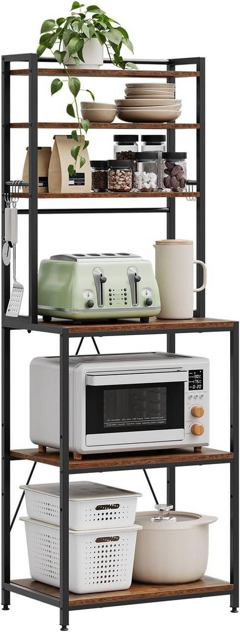 Woltu Küchenregal, 1-tlg., 6 Ablagen, 6 Haken, Metallrahmen, Ingenieurholz günstig online kaufen