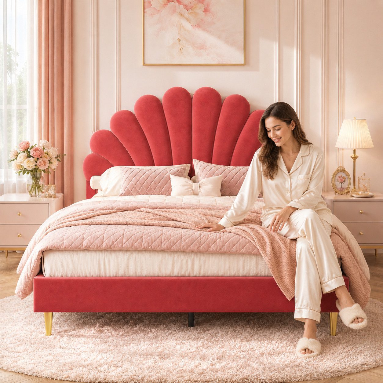 Simurq Polsterbett Kinderbett 140x200 für Mädchen,Bettgestell mit Lattenrost,Samtstoff (Versand in 2 Paketen, Mädchen Bett für kinder/Erwachsenen,Ohne Matratze), Prinzessin Bett, Beige Doppelbett mit Kopfteil in Blumenform