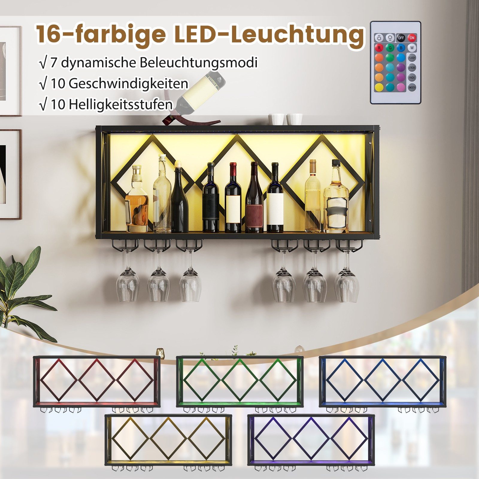 COSTWAY Weinregal, Wand mit LED, 2 Ebenen Flaschenregal Holz für 39 Flasche günstig online kaufen