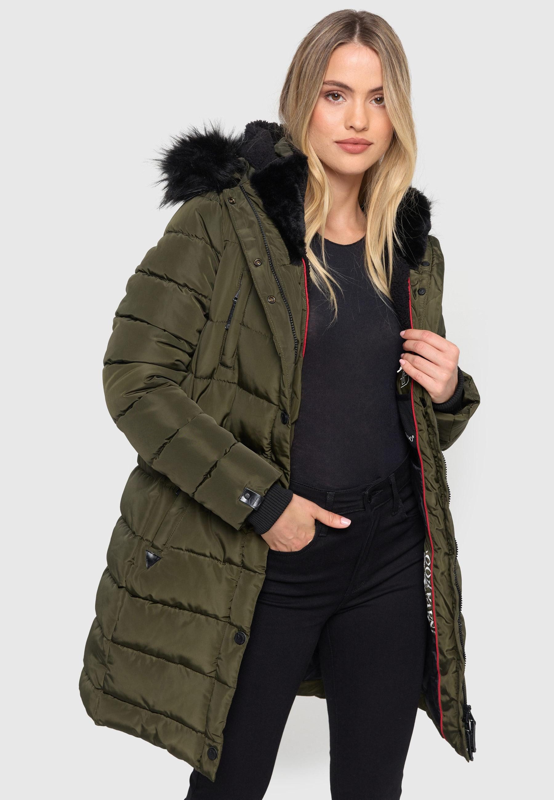 Navahoo Winterjacke Steppjacke lang mit Kapuze – Warm gefüttert Lange Winterjacke mit Teddyfutter und abnehmbarem Kunstfell