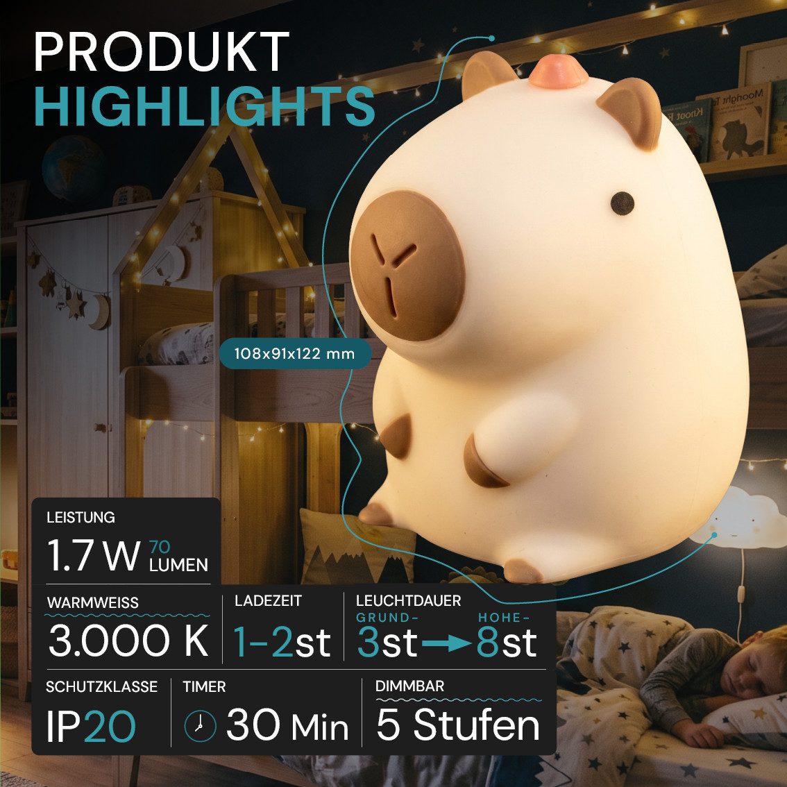 LUXULA LED Nachttischlampe LED-Nachtlicht, LED fest integriert, 1,7W Schlummerlicht Weiß aus Silikon durch Drücken dimmbar mit Akku