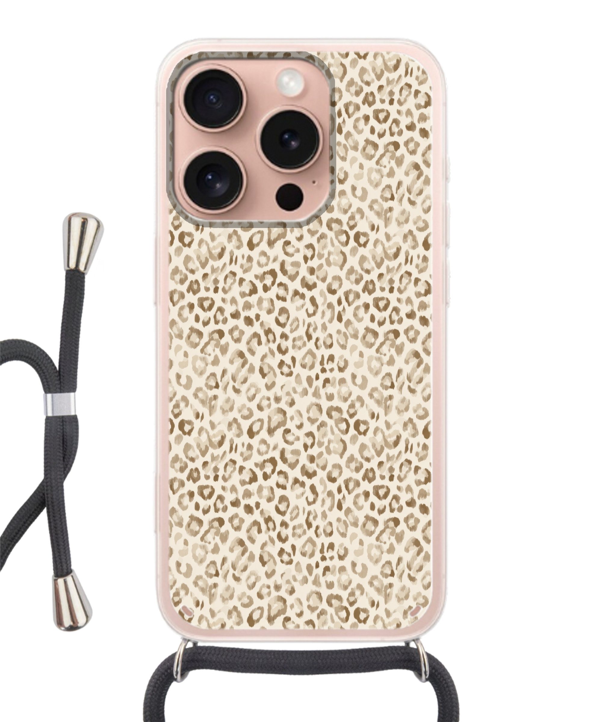 MuchoWow Handyhülle für Apple iPhone 16 Pro Leopard - Klassisch - Beige, Tragbare Handyhüllen mit Kette zum umhängen, Handykette Handyband