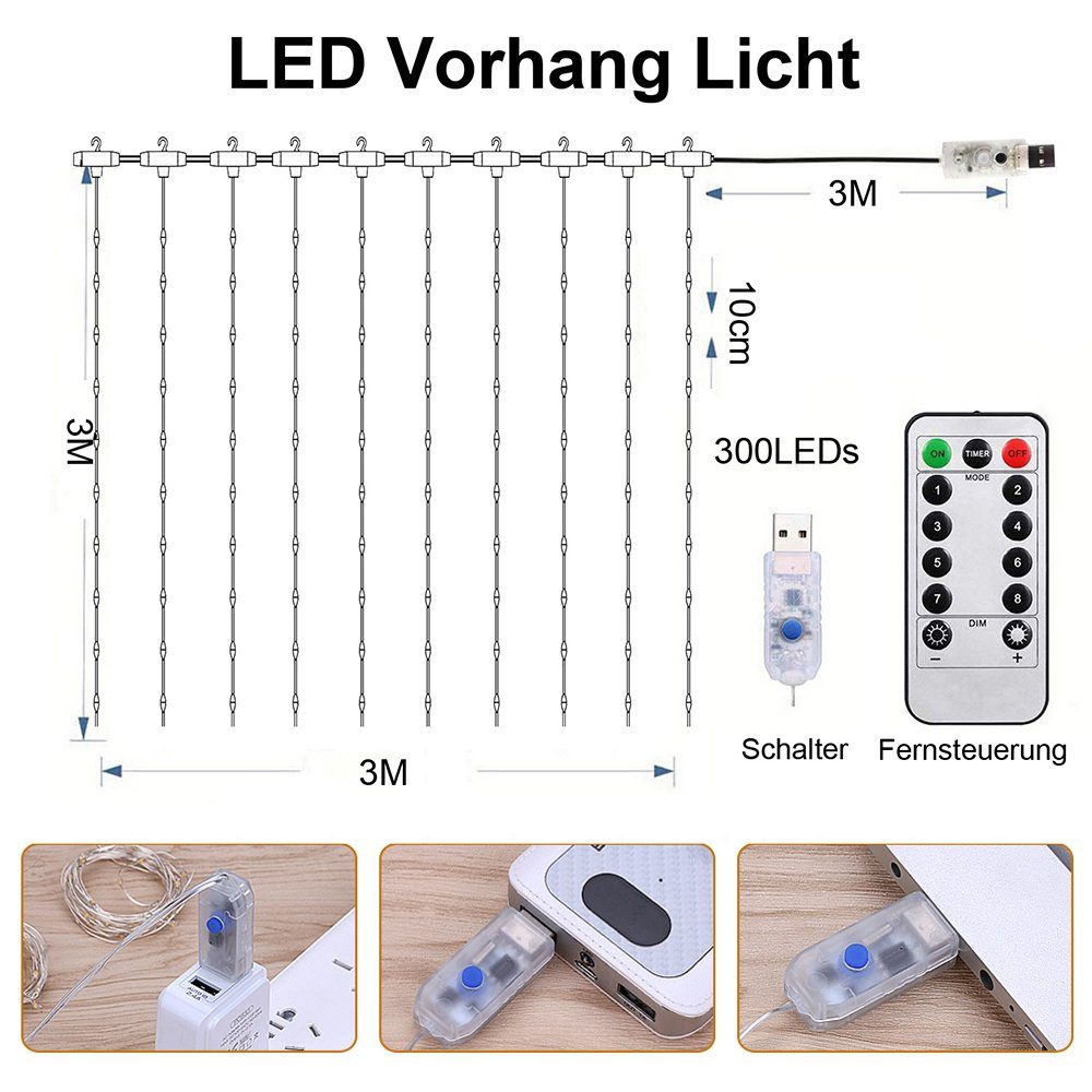 Sunicol LED-Lichtervorhang 3x3m Dekoration, Lichternetz, für Fenster LED Nachtlicht 300 Vorhang Innen Zimmer Wand Weiß USB Weihnachten Party Lichterketten, Wasserdicht