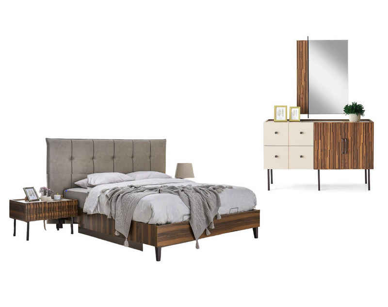 JVmoebel Schlafzimmer-Set Exklusive Schlafzimmer Doppelbett Holz Nachttische Kommode, (5-St., Bett + 2x Nachttische + Kommode + Spiegel), Made in Europa