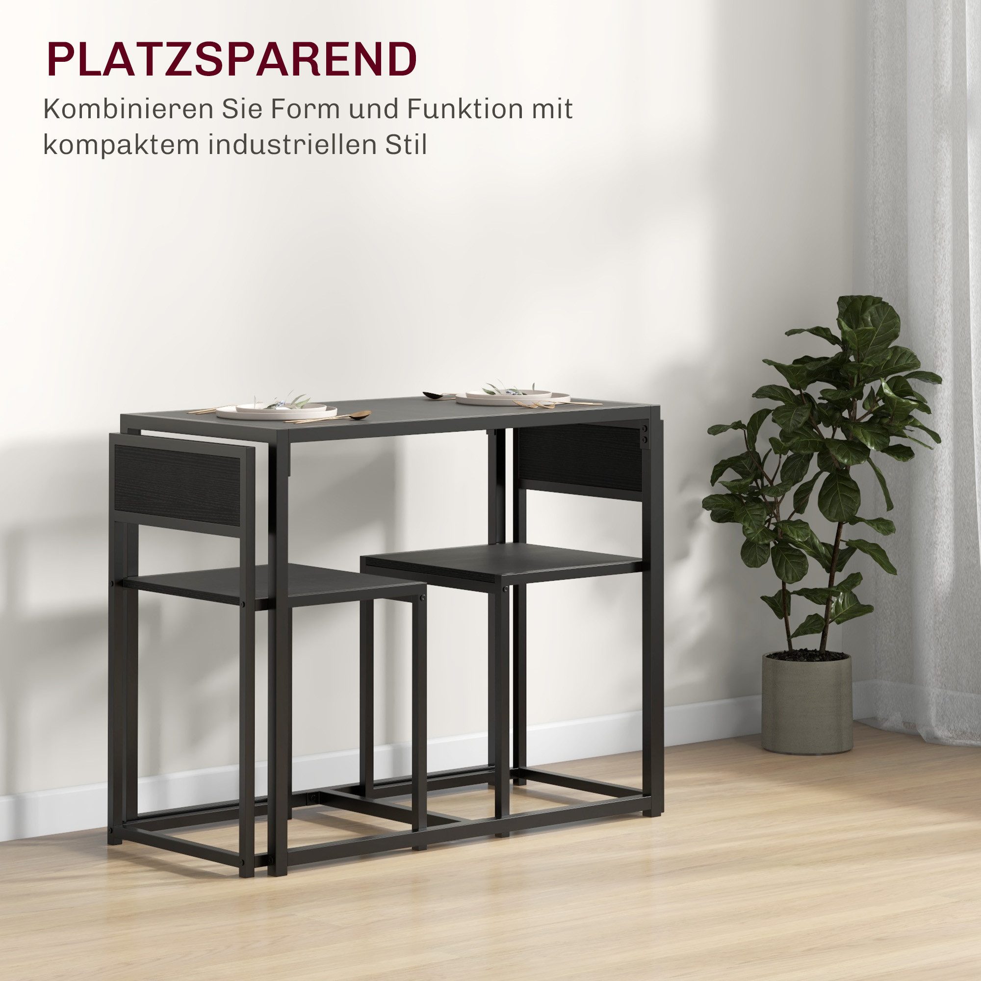 HOMCOM Essgruppe Esstisch mit 2 Stühlen Platzsparend Küchentisch-Set Schwarz, (Esstisch mit 2 Stühlen, 3-tlg., Platzsparend Esszimmergruppe), für Esszimmer, Küc – Bild 4 von 5