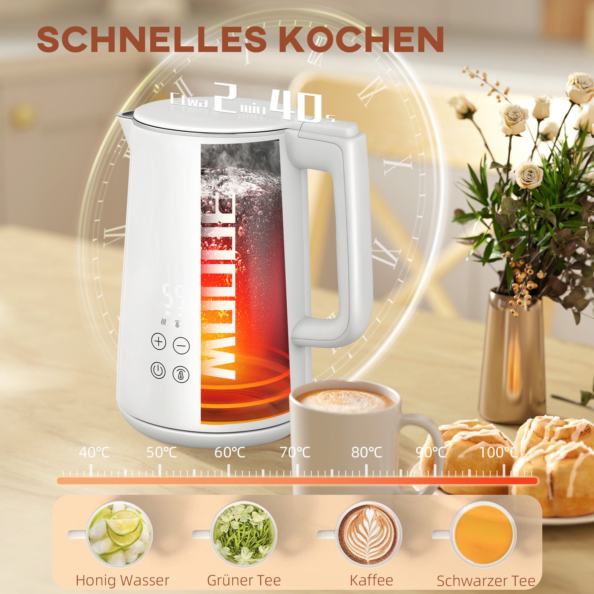 HOMCOM Toaster Wasserkocher Set Edelstahl 1,5L automatisch mit Abschaltung, 2 Schlitze, für 2 Scheiben, 2200 W, 7 Bräunungsstufen, schnelles Kochen, Weiß – Bild 4 von 5