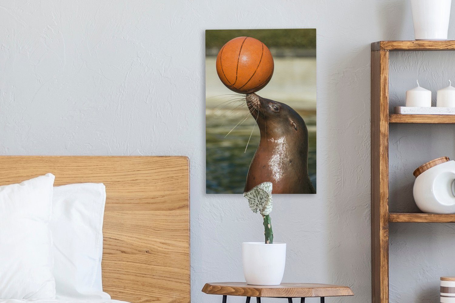 Schnauze, auf St), der mit 20x30 OneMillionCanvasses® inkl. Leinwandbild Gemälde, Basketball Zackenaufhänger, Leinwandbild bespannt cm fertig Seelöwe (1