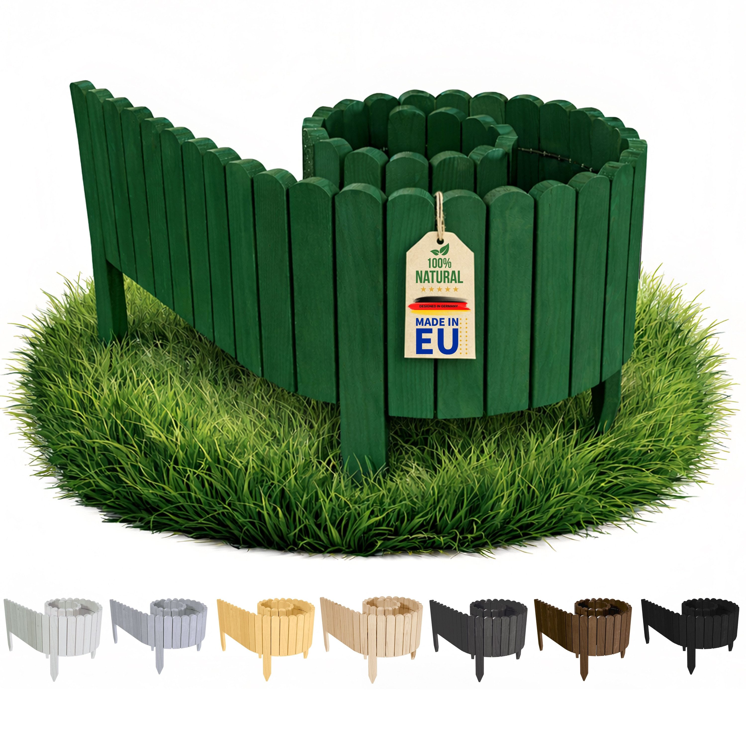 Floranica Palisade Rasenkante Holz Flexible Beeteinfassung Rollborder Gartenzaun, LxH: 200x10 cm, Dunkelgrün, Umzäunung für Garten Blumenbeeten Gemüsebeeten Rosen