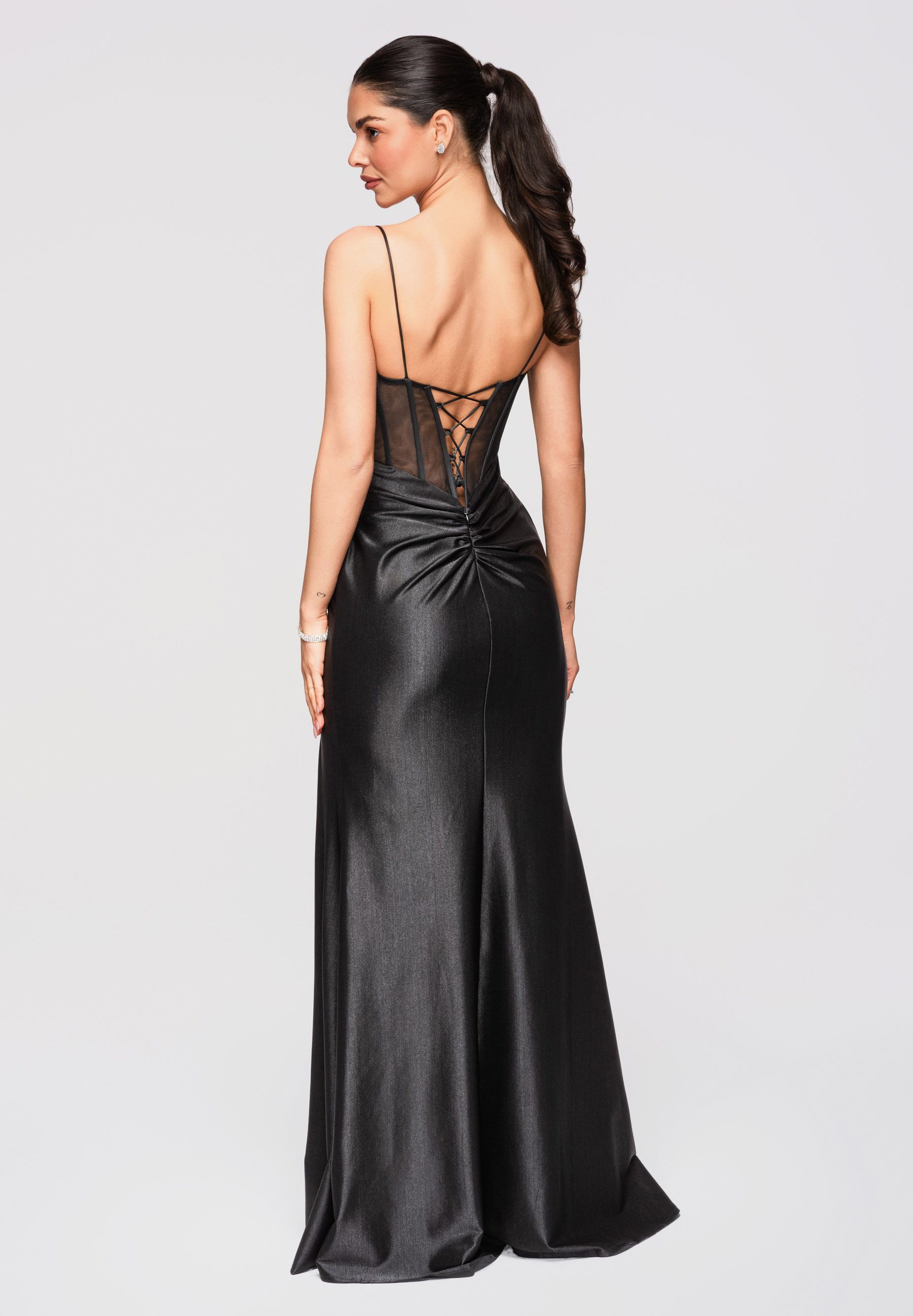 OMBRE Abendkleid Abendkleid Maxi Figurbetont mit Spitze Schwarz M (kein Set, 1-tlg) Korsett-Oberteil, Transparente Einsätze, Schlitz