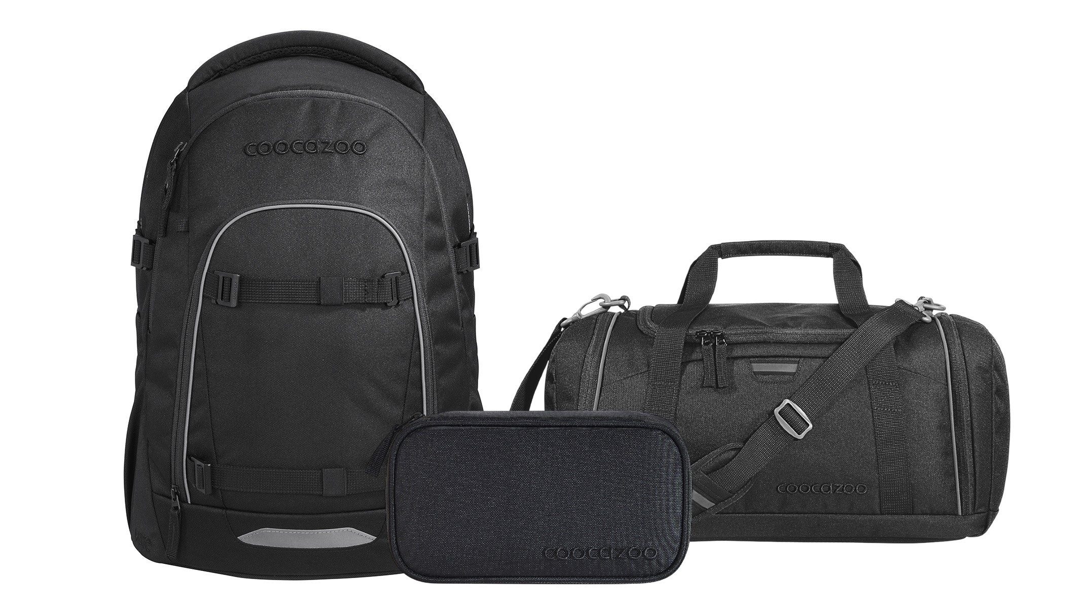 coocazoo Schulranzen Schulrucksack-Set MATE Black Coal 3-teilig (3-teilig), ergonomisch, Körpergröße: 135 - 180 cm, Easy-Grow-System