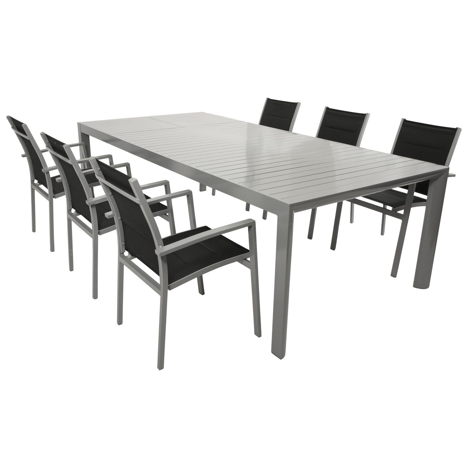 DEGAMO Garten-Essgruppe BAGO XL, (7-tlg., 6x Stapelsessel, 1x Ausziehtisch), Alu silbergrau, Stapelsessel, Tisch mit Seitenauszug 195/255x120cm