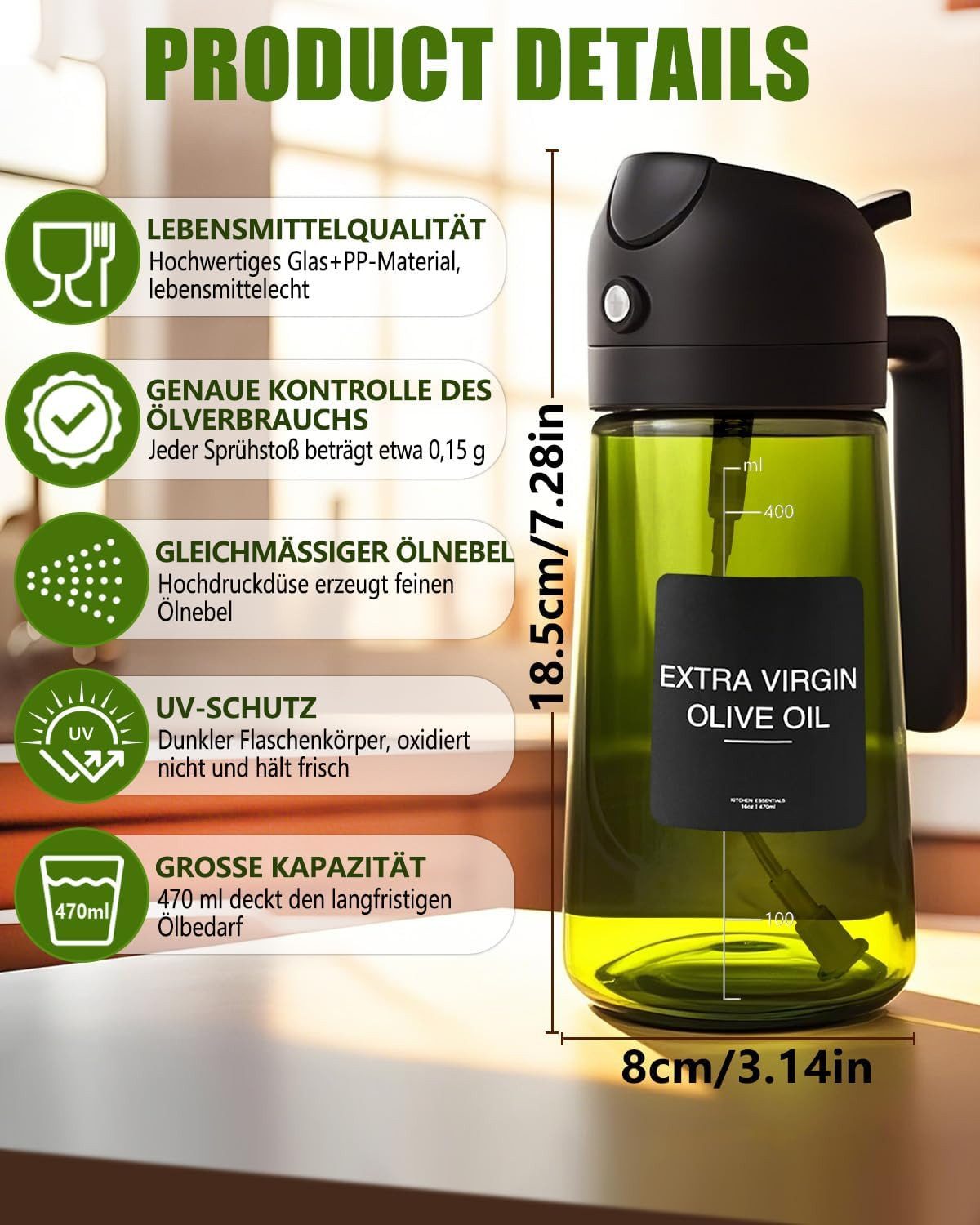 Forrlite Ölspender Ölsprüher 2-in-1 Ölsprühflasche Ölflasche Olivenöl Spray 470ml, (Glas-Ölspender mit Sprüh- und Ausgießfunktion, ideal für Küche, Heißluftfritteuse, Salat & BBQ – 470 ml, BPA-frei)