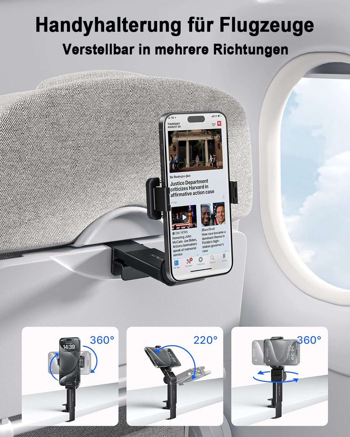 TUWENA Smartphone-Halterung Handyhalterung Flugzeug, 360 Drehbar Verstellbare Handy Halterung, (Geräuschlos verstellbar, stabiler Halt, faltbar, für Flug & Alltag)