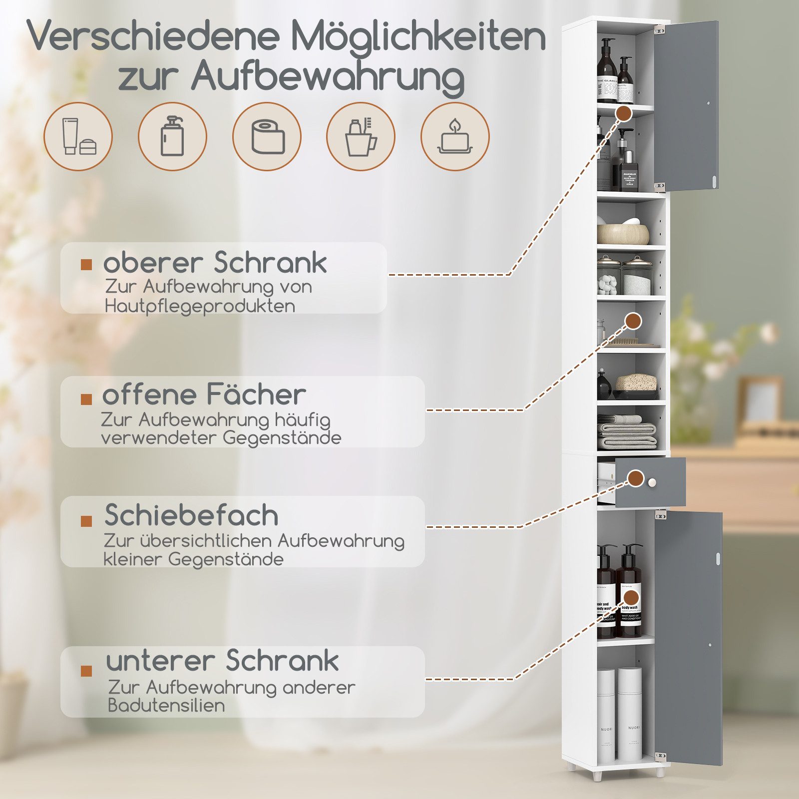 COSTWAY Hochschrank Badschrank schmal, mit Schublade, Türen & 9 Fächern, 180cm weiß – Bild 3 von 5