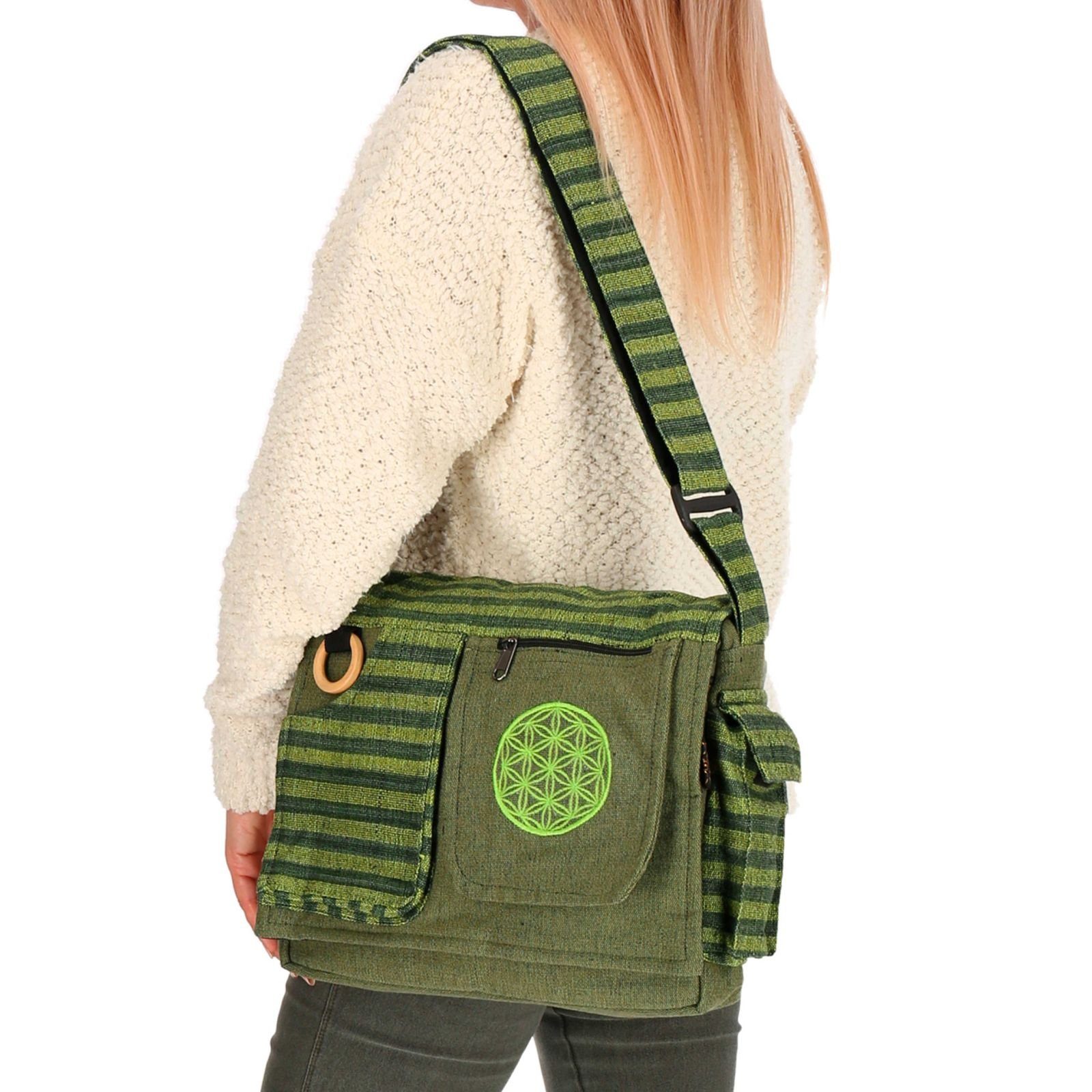 KUNST UND MAGIE Schultertasche Tasche Grün Hippie Handtasche Lebensblume + Schultertasche Schulterriemen