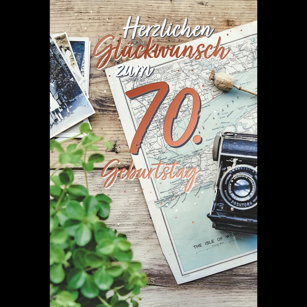 Grußkarten 70. Geburtstag - Karte mit Umschlag - Landkarte - mit rosegoldener