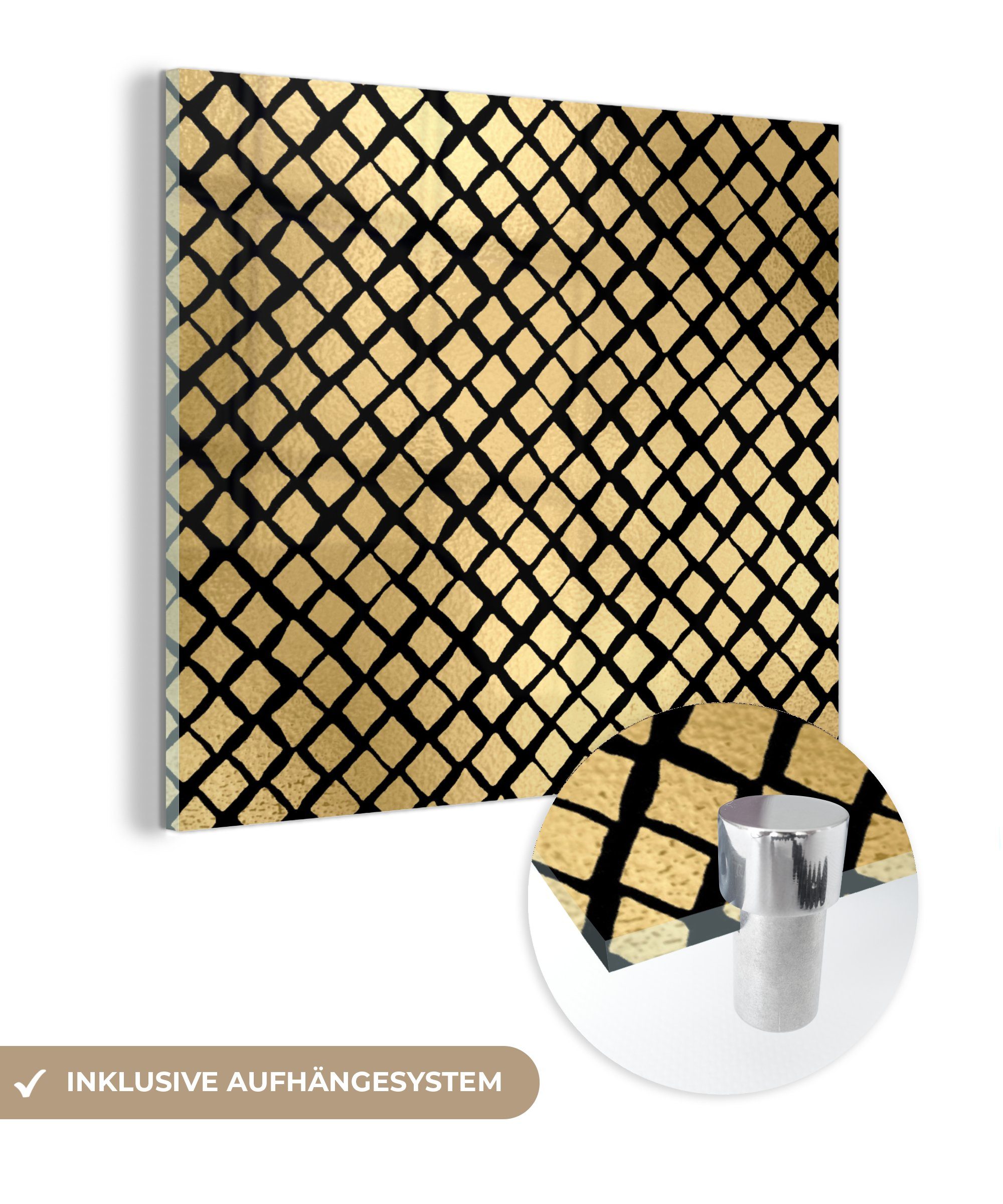 MuchoWow Acrylglasbild Muster - Gold - Kariert, (1 St), Glasbilder - Bilder auf Glas Wandbild - Foto auf Glas - Wanddekoration | Bilder