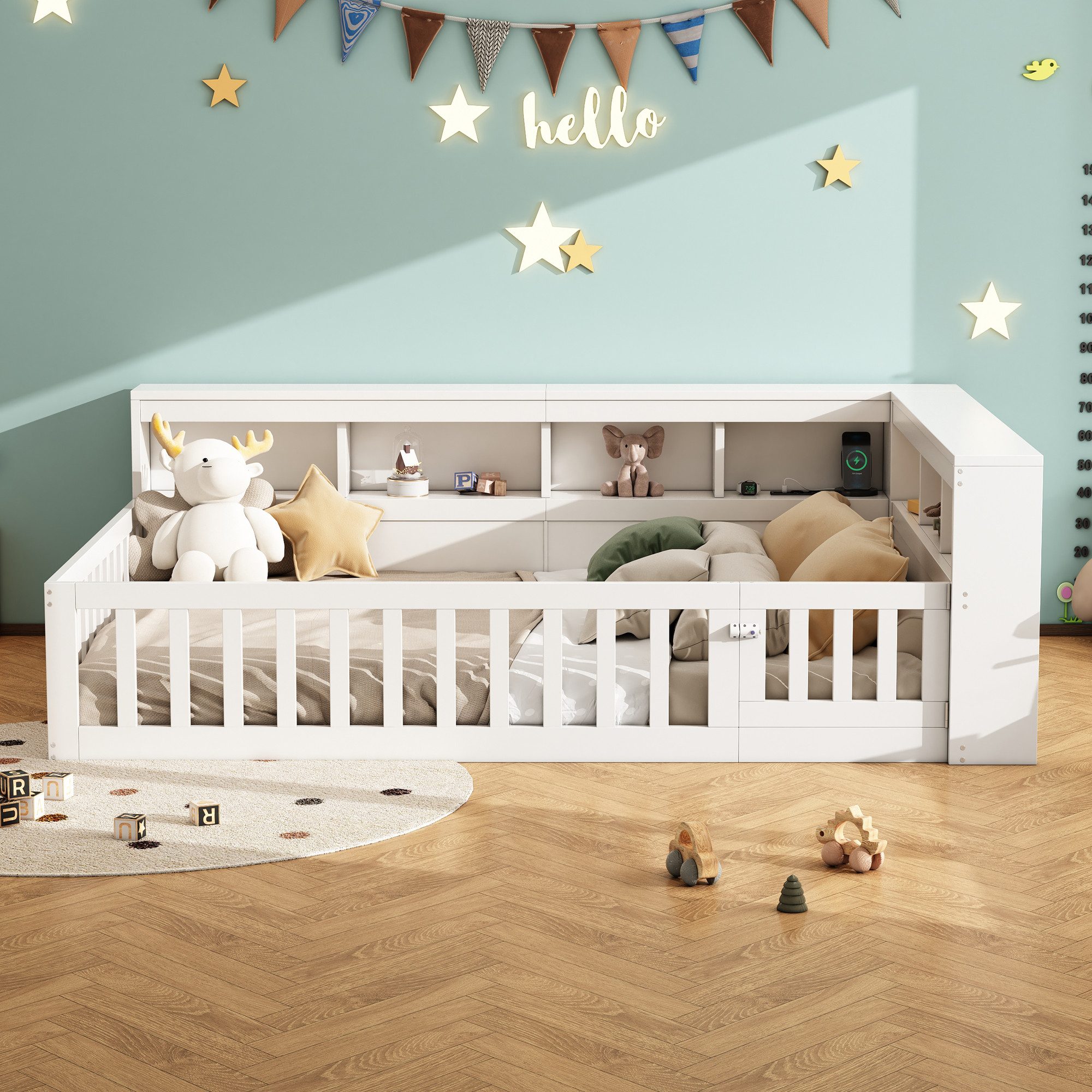 TavilaEcon Kinderbett 90×200 cm Bettseite mit Staufach, Brüstung, Daybett mit Lattenrost, Steckdose & USB-Anschluss, ohne Matratze, Beige – Bild 2 von 5