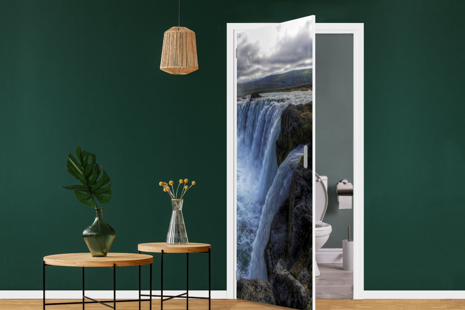 Blau, Matt, 75x205 St), Türaufkleber, Island Tür, Fototapete MuchoWow Wasserfälle für (1 cm - Türtapete bedruckt, -