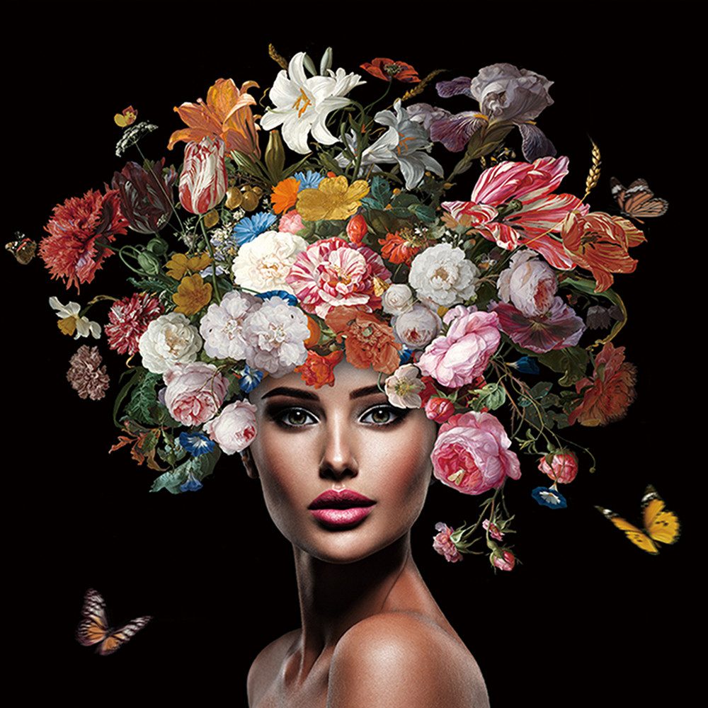 ArtUniverse Glasbild Schönheit mit Blumen 100 x 100 cm, Menschenmotiv