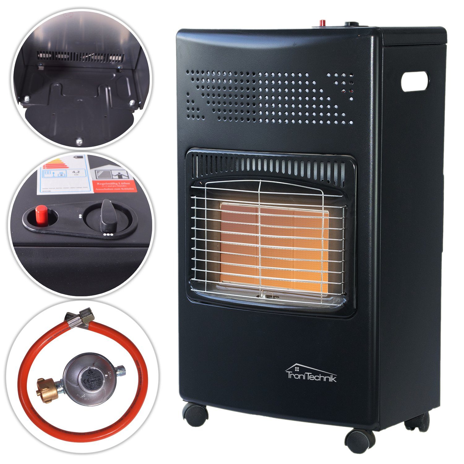 TroniTechnik Heizgerät Infrarot- Heizgerät HB-015 Gasheizer,Piezo-Zündung,4200 Watt,I3B/P(50), 4200 W, Überhitzungsschutz, drei Leistungsstufen:1500/2800/4200 Watt Edelstahl