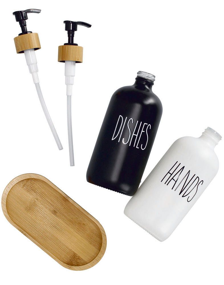 Zeller Present Spülmittelspender, (Set, 3-tlg), Glas / Bambus, Füllmenge je 500 ml, inkl. Tablett