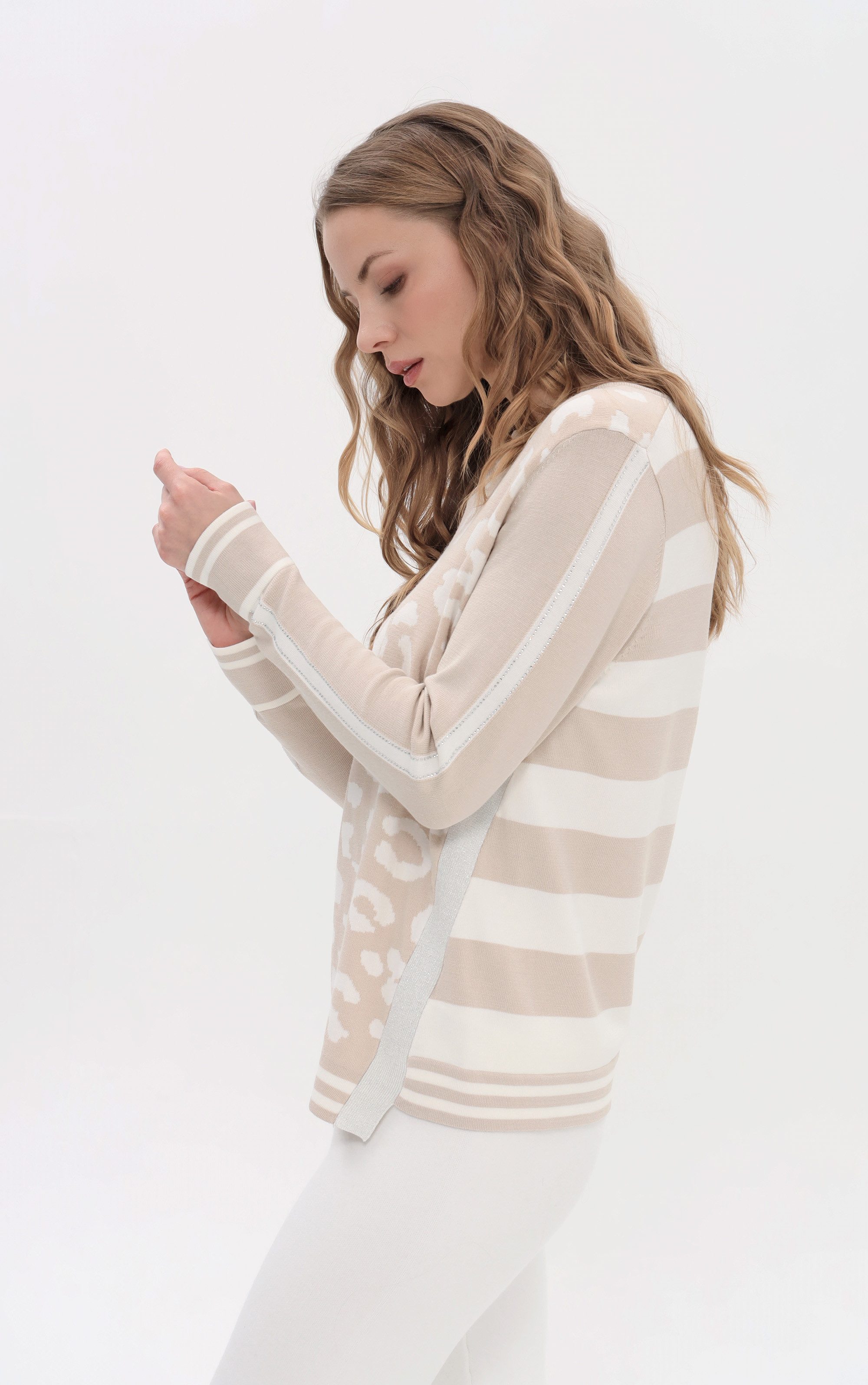 Passioni Strickpullover mit Leoprint und Streifen günstig online kaufen