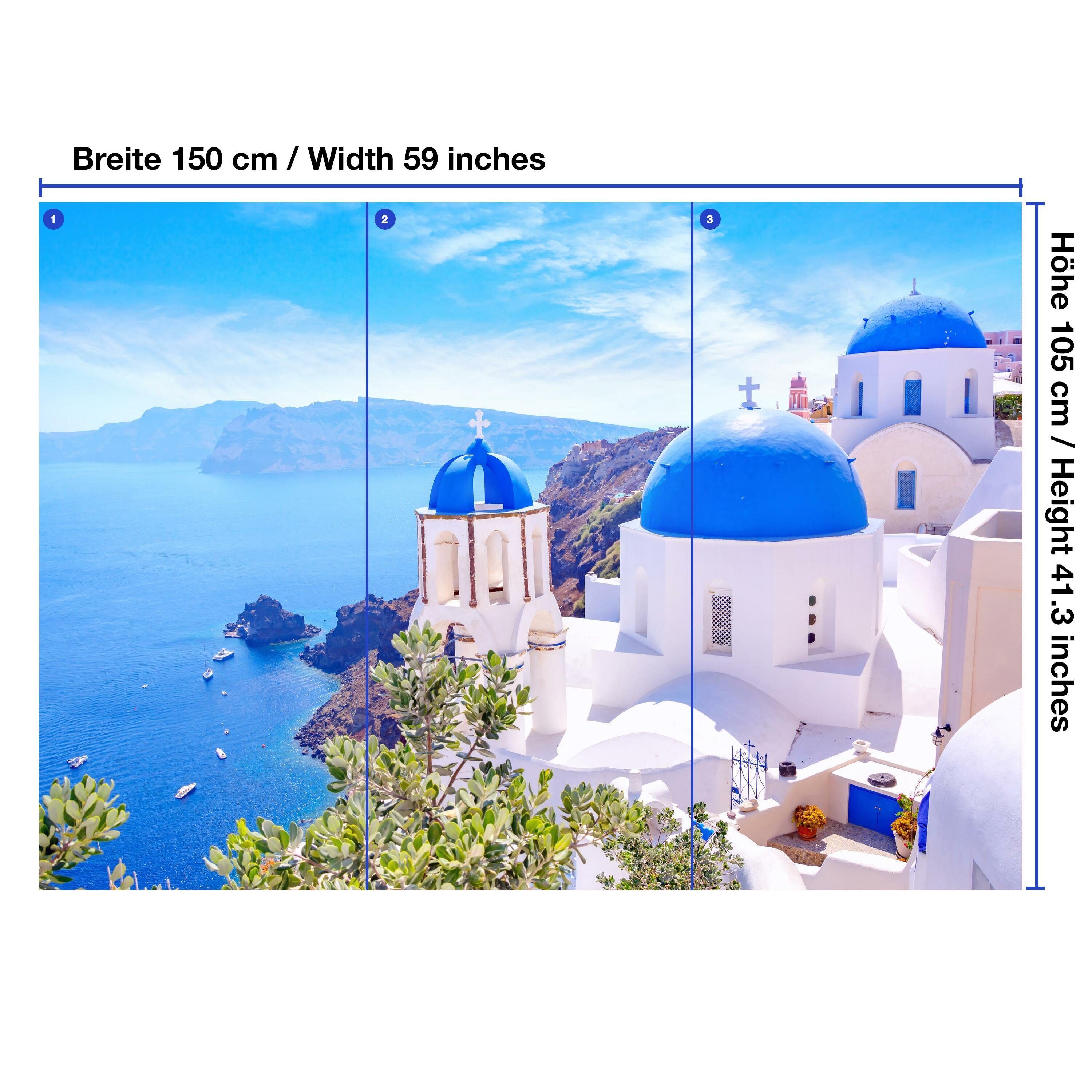 Vliestapete Motivtapete, wandmotiv24 Häuser Fototapete matt, mit glatt, blauen Griechische Wandtapete, Dächern,