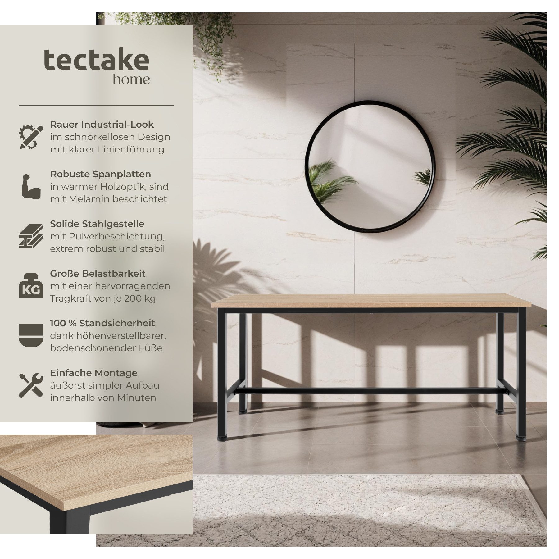 tectake Bank 2er-Set Sitzmöbel, Maße: 108 x 32,5 x 50 cm, Industrial Style (Esszimmersitz Fairfield, in Industrial Holz hell, Eiche Sonoma), Holz und Stahl, Belastbarkeit 200 kg, höhenverstellbare Kunststofffüße