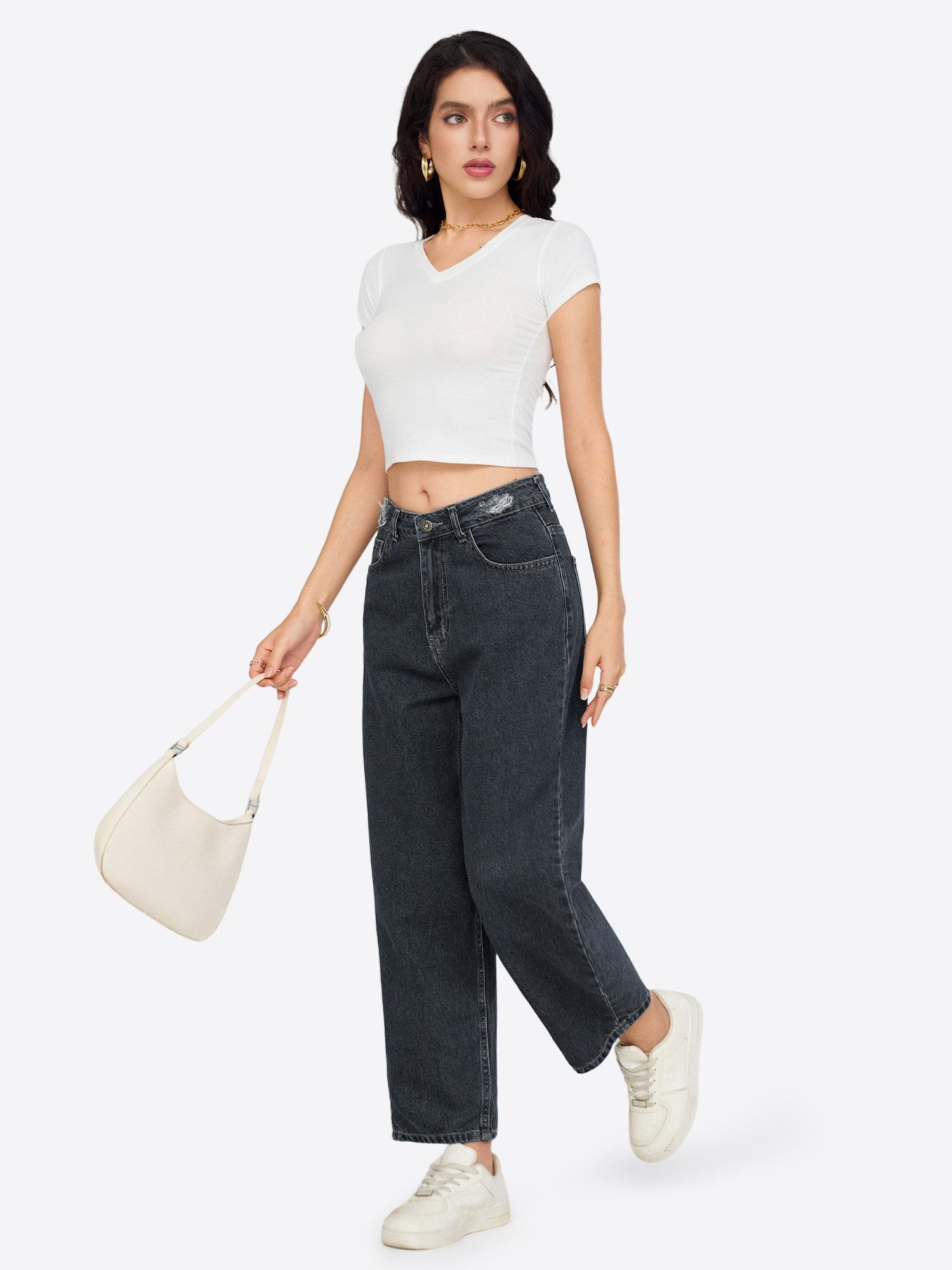 Imily Bela Mom-Jeans Damen hochtaillierte Loose-fit-Jeans mit Destroyed-Details (Packung, 1-tlg., 1per-Pack) Fünf-Taschen-Konstruktion