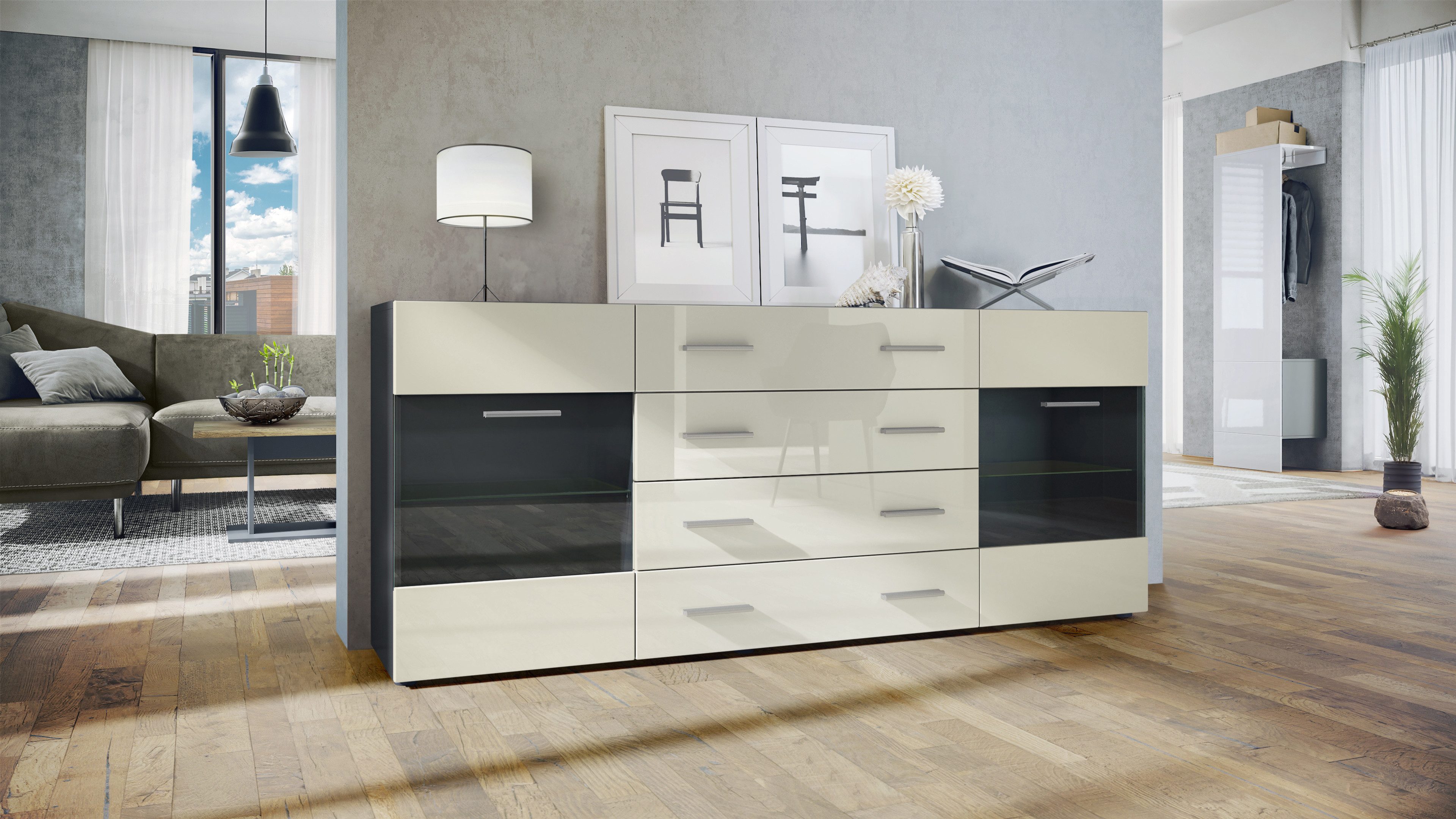 Vladon Sideboard Carlos V2 (Kommode mit 2 Türen, 4 Schubladen und 2 flexible Glaseinlegeböden), Schwarz matt/Creme Hochglanz (166 x 72 x 35)