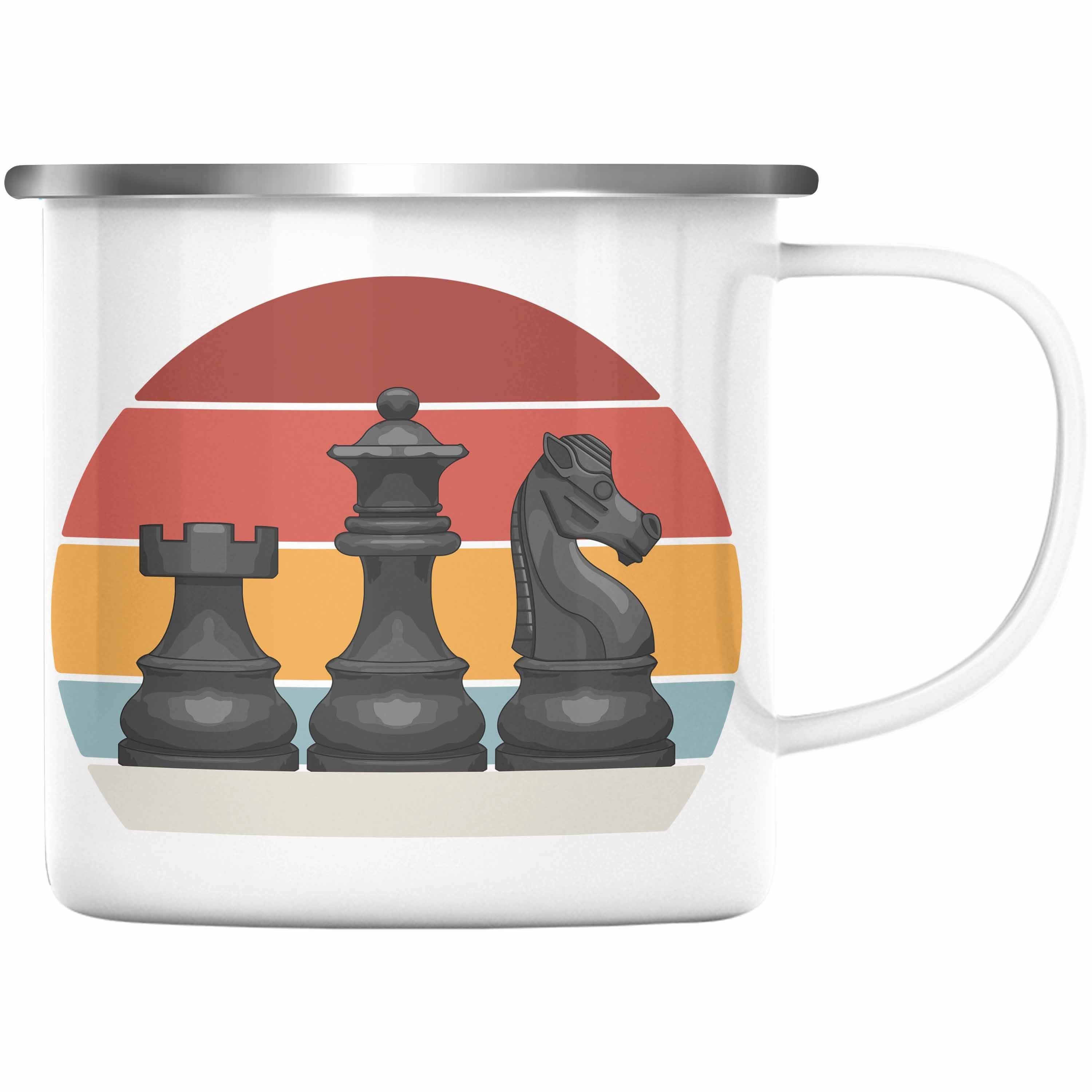 Schach Emaille Silber Lustig Thermotasse Tasse Trendation Trendation - KaffeeEmaille Geschenk Schachspieler mit Schachfiguren Grafik Geschenkidee Tasse