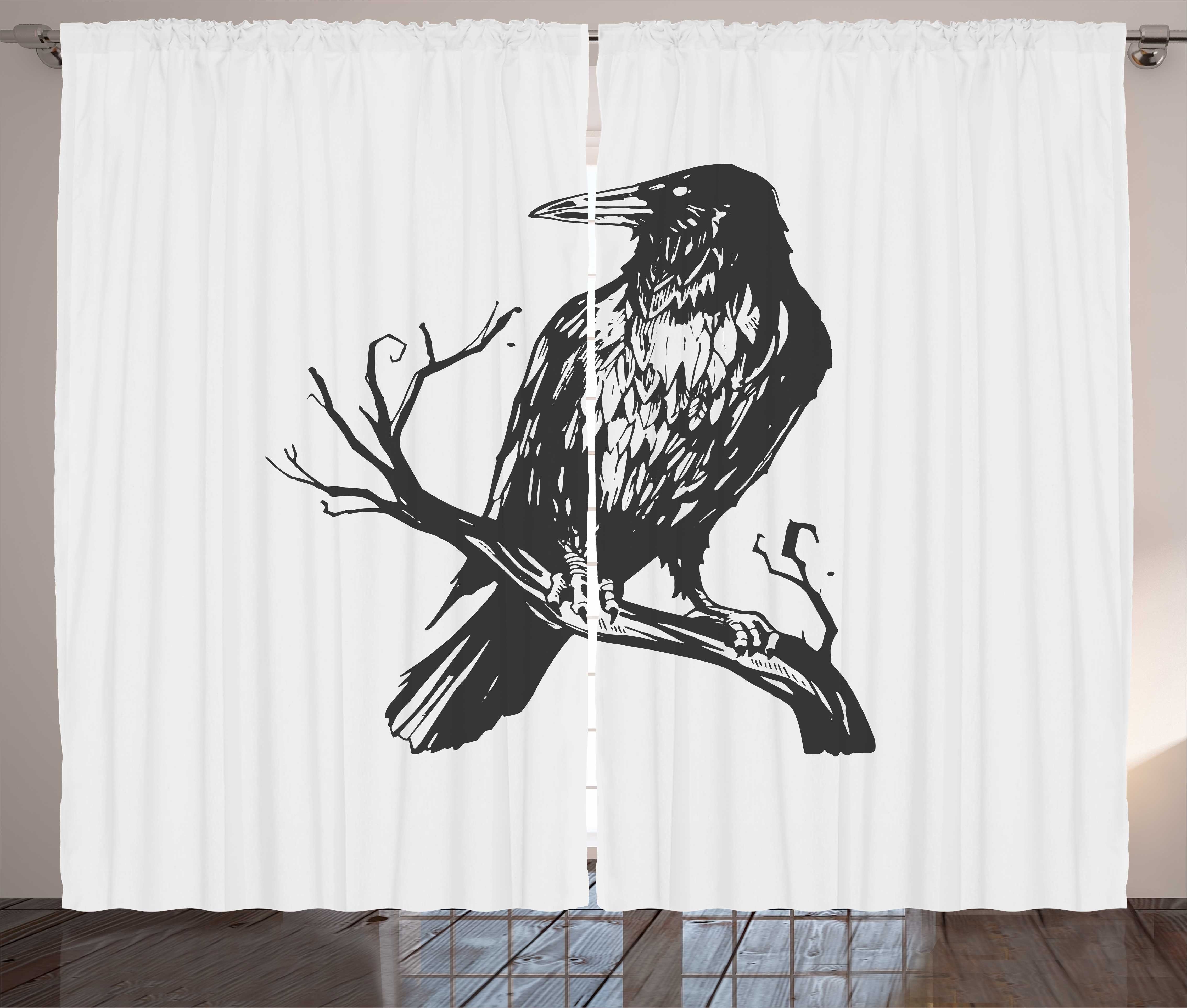 Gardine Schlafzimmer Kräuselband Vorhang mit Schlaufen und Haken, Abakuhaus, Schwarze Krähe Vogel auf Bare Zweig Kunst