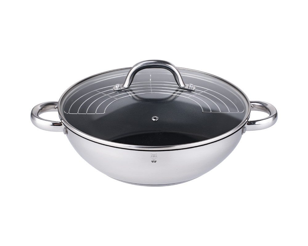Gustav Voss Wok Wokpfanne mit Glasdeckel und Ablagegitter Pfanne, Edelstahl (Edelstahl Bratpfanne mit Deckel), langlebige Procalon PLUS Antihaftbeschichtung: