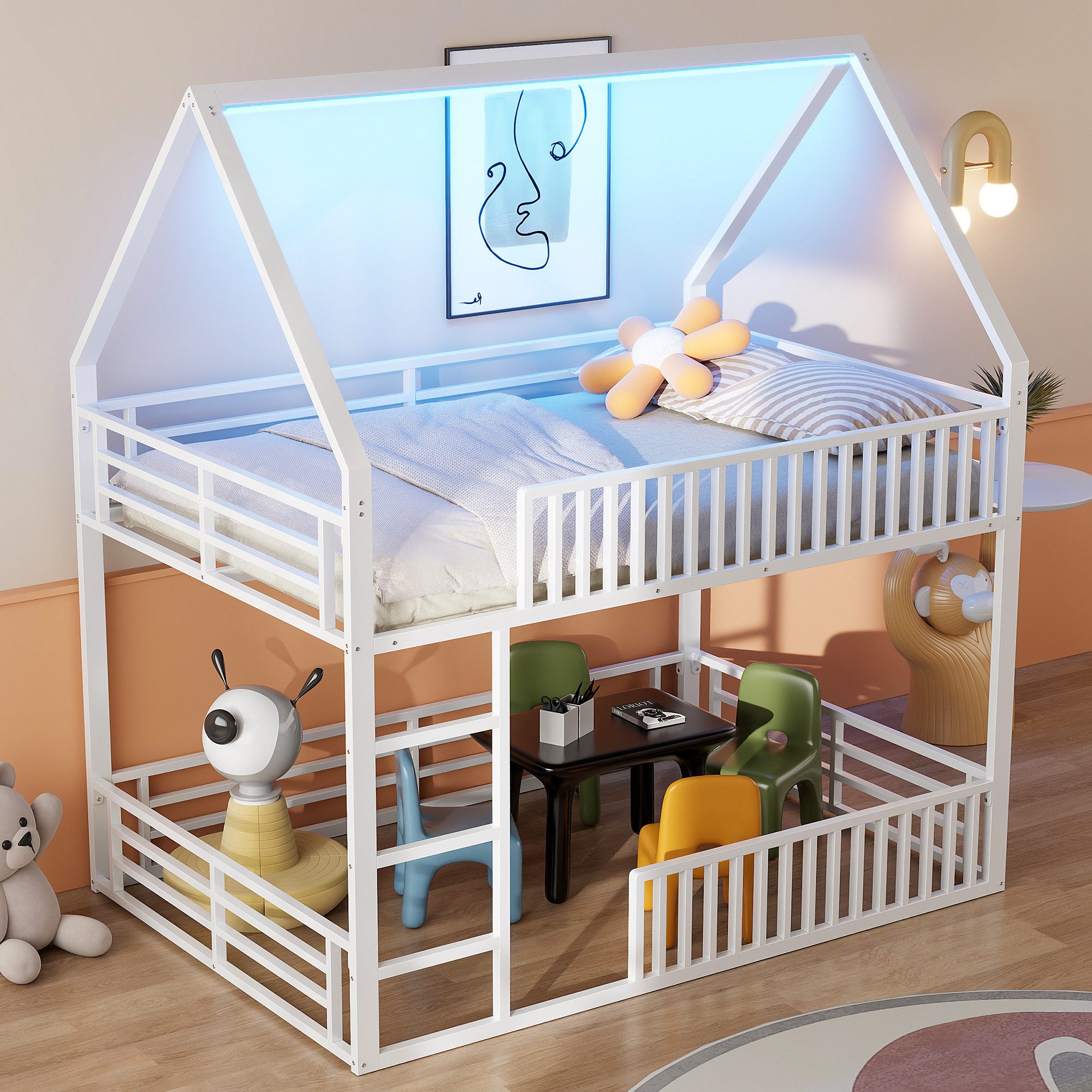 Merax Etagenbett mit LED-Beleuchtung (Hochbett Kinderhaus Hausbett, 1-St), Metallbett Kinderbett 140x200cm mit Zaungeländer Spielbereich Dach – Bild 3 von 5