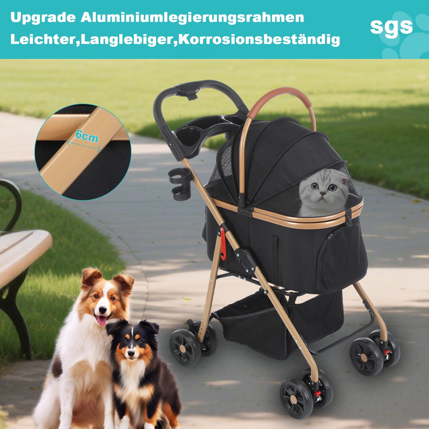 oyajia Hundebuggy klappbar,Leichtes Aluminium Gestell und atmungsaktives Mesh 360°Rollen, (Hundewagen, Hundebuggy klappbar, Hundewagen für große hunde), Klappbar,Hundewagen für große Hunde Katzen,Stoßfest und bequem